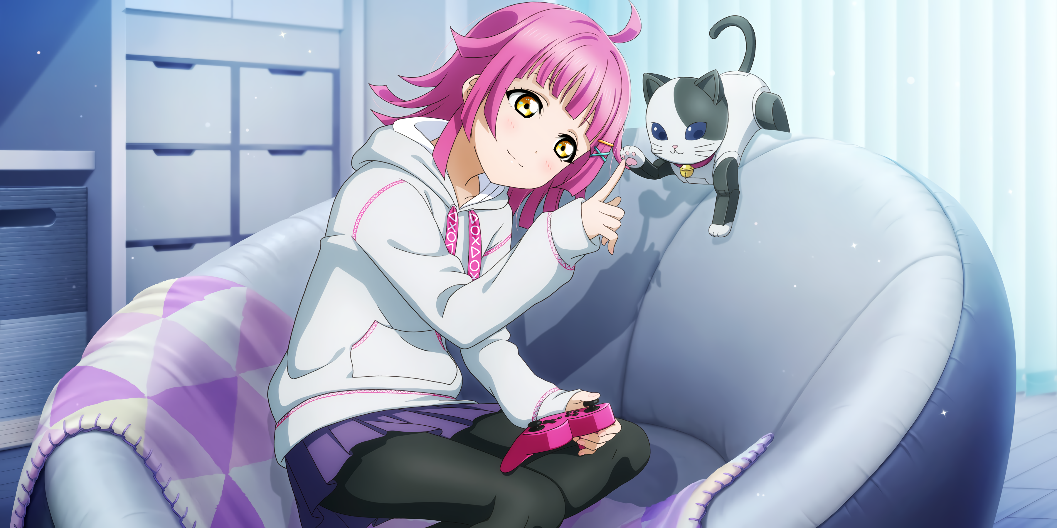 Rina Tennoji from Nijigasaki playing video games with a cat HD Wallpaper