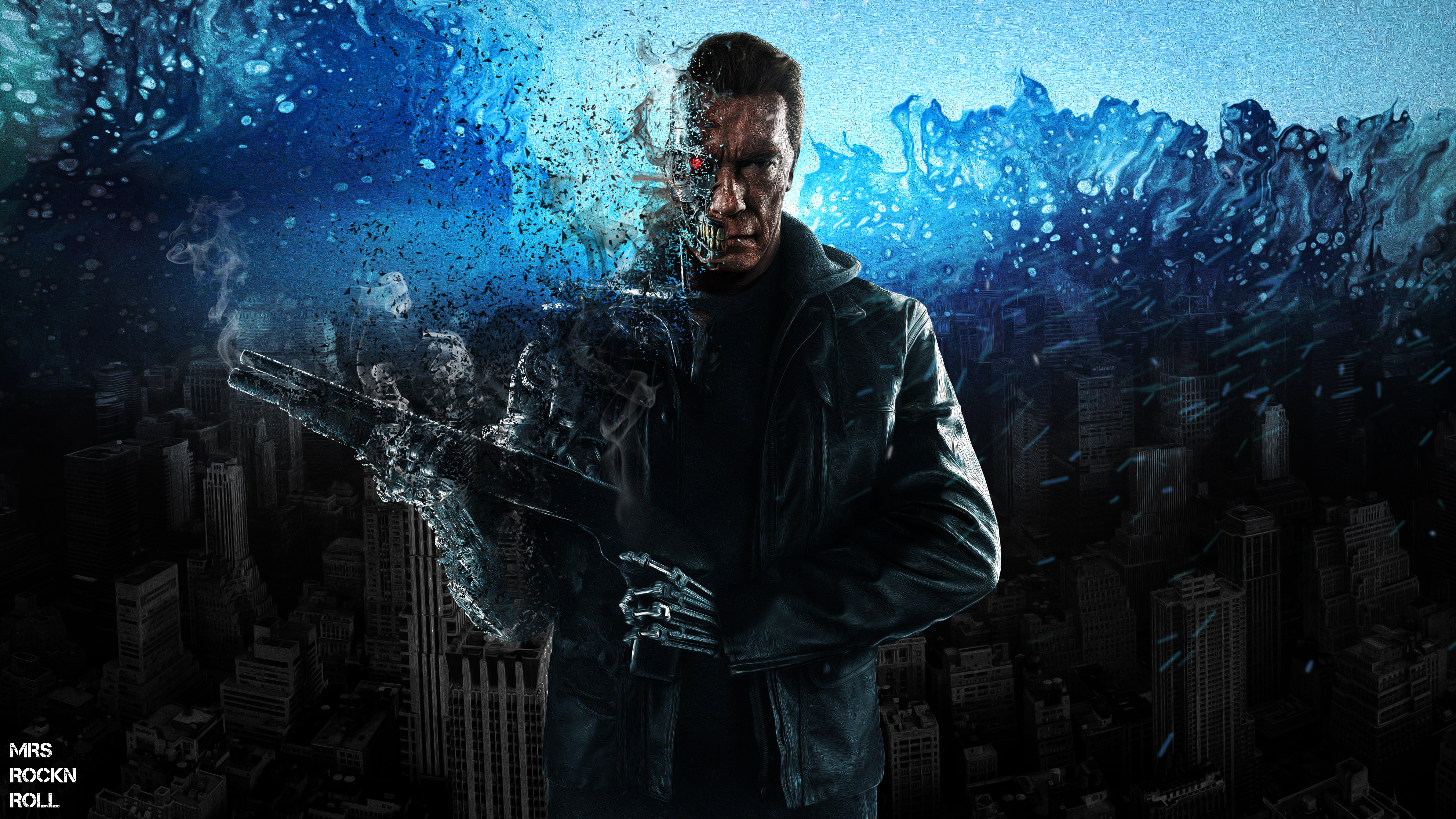 Arnold Schwarzenegger as Terminator in a city HD Wallpaper