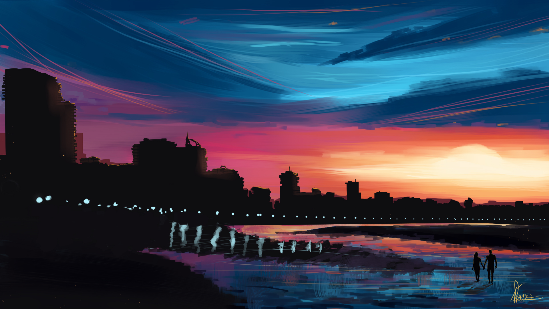 Couple walking on beach at sunset with cityscape HD Wallpaper