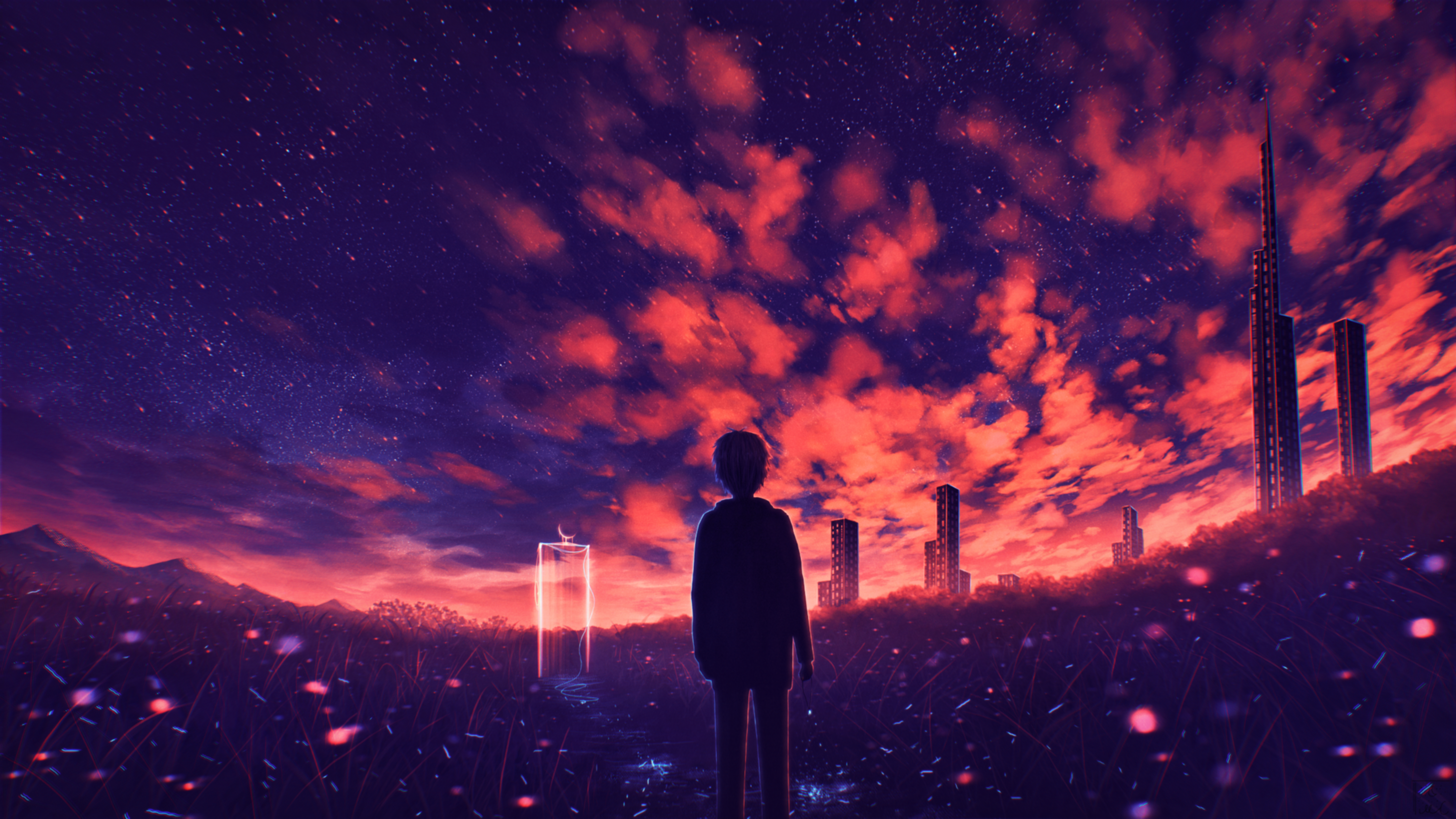 Person standing in a field with a surreal sky and city HD Wallpaper