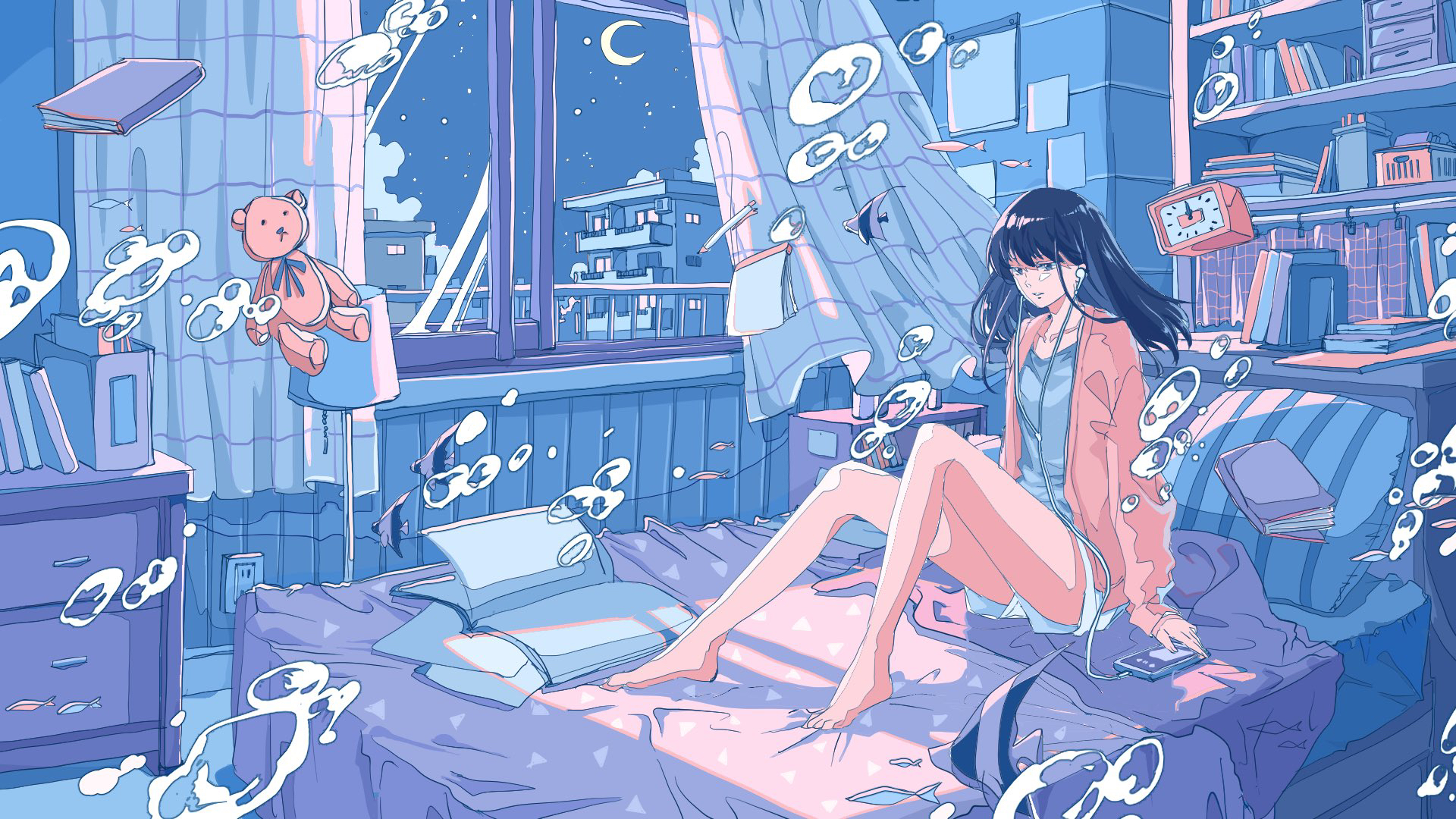 Girl with headphones in a room at night HD Wallpaper