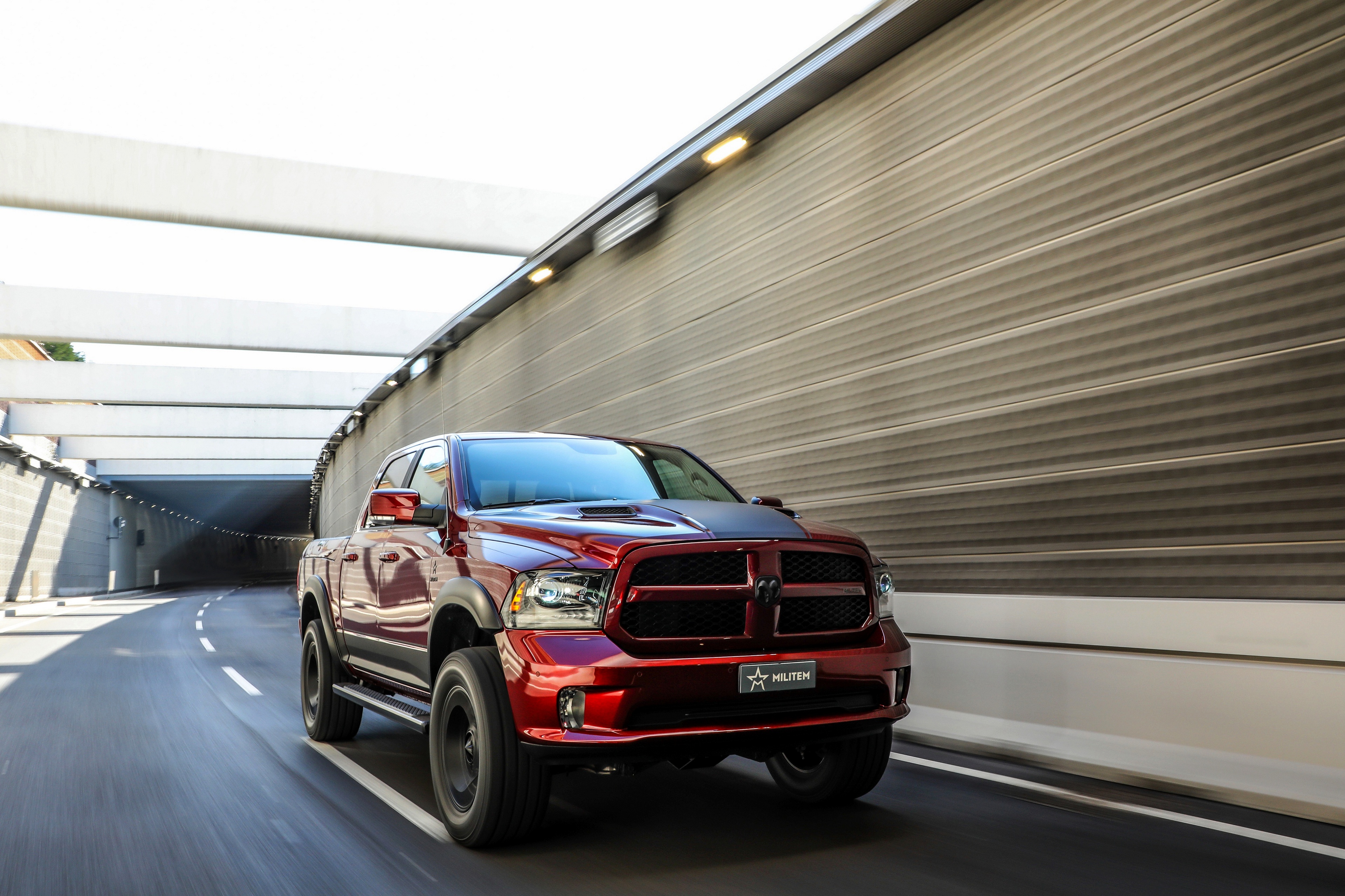 Red Dodge 1500 Pickup Truck in Tunnel HD Wallpaper