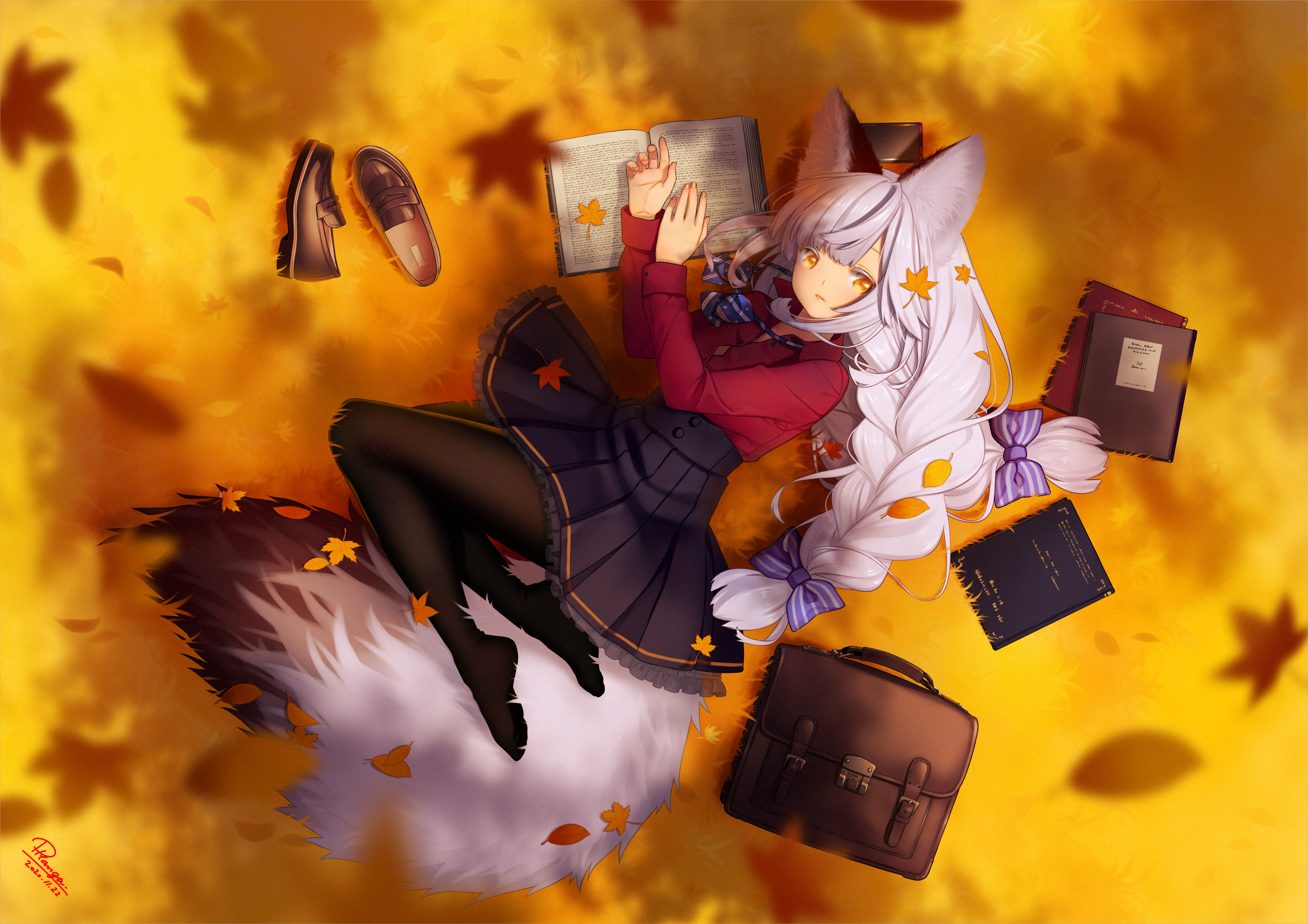 Girl with White Hair and Animal Ears Lying Down HD Wallpaper
