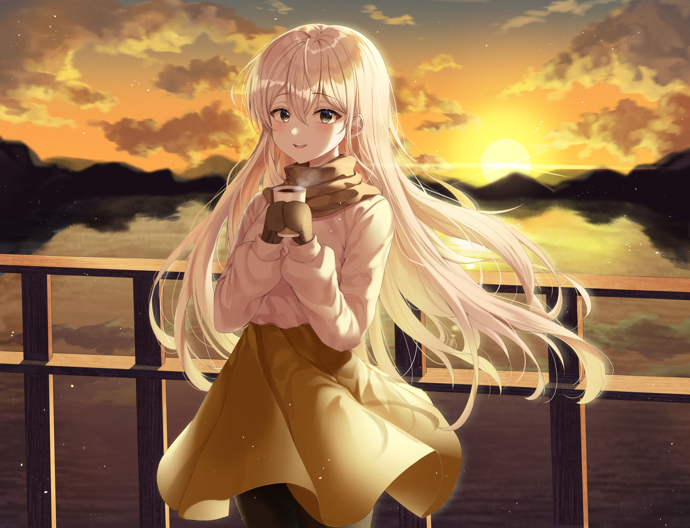 Anime Girl with Blonde Hair Holding Coffee Cup at Sunset HD Wallpaper