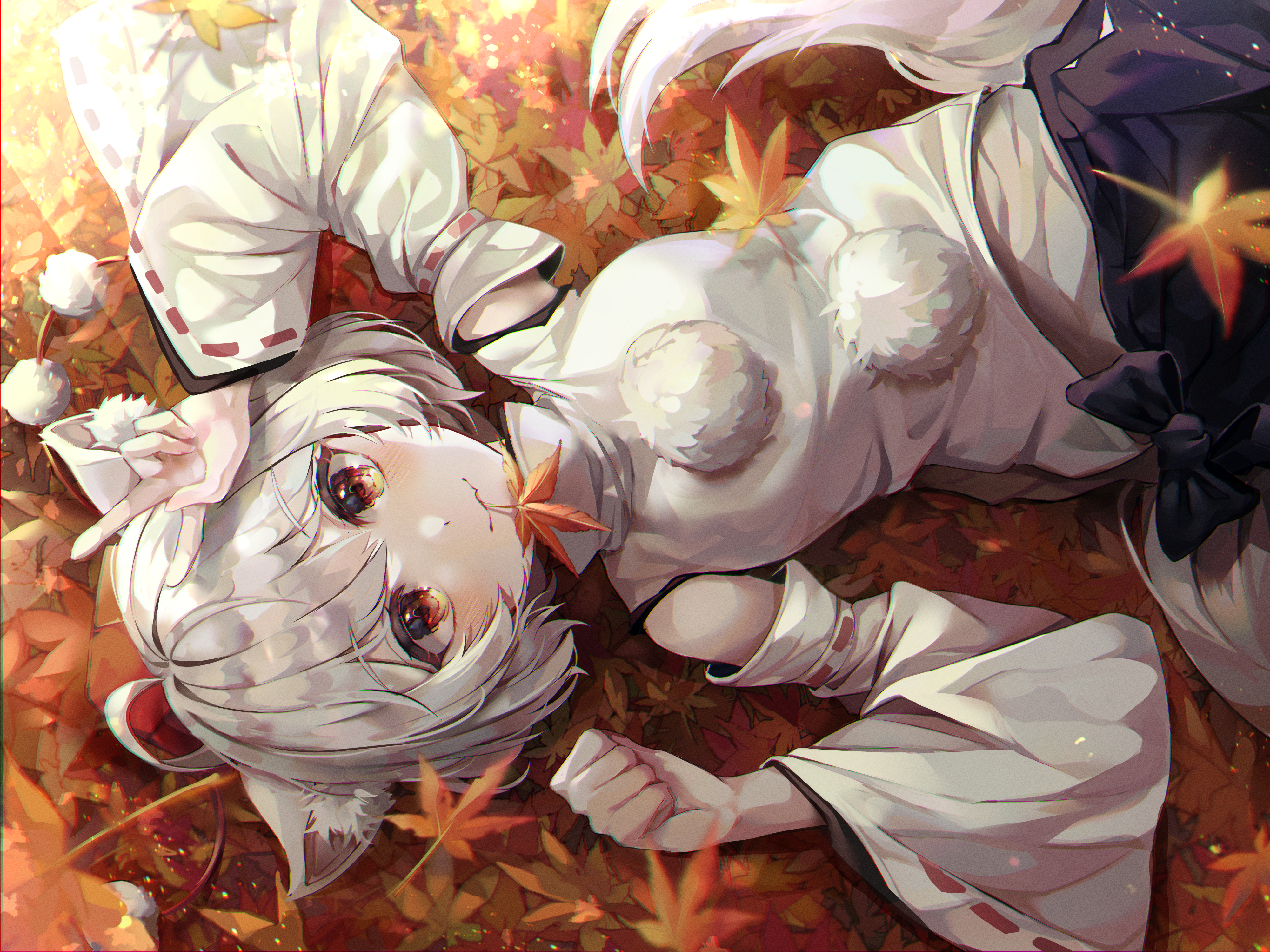 Momiji Inubashiri from Touhou lying on fall leaves HD Wallpaper