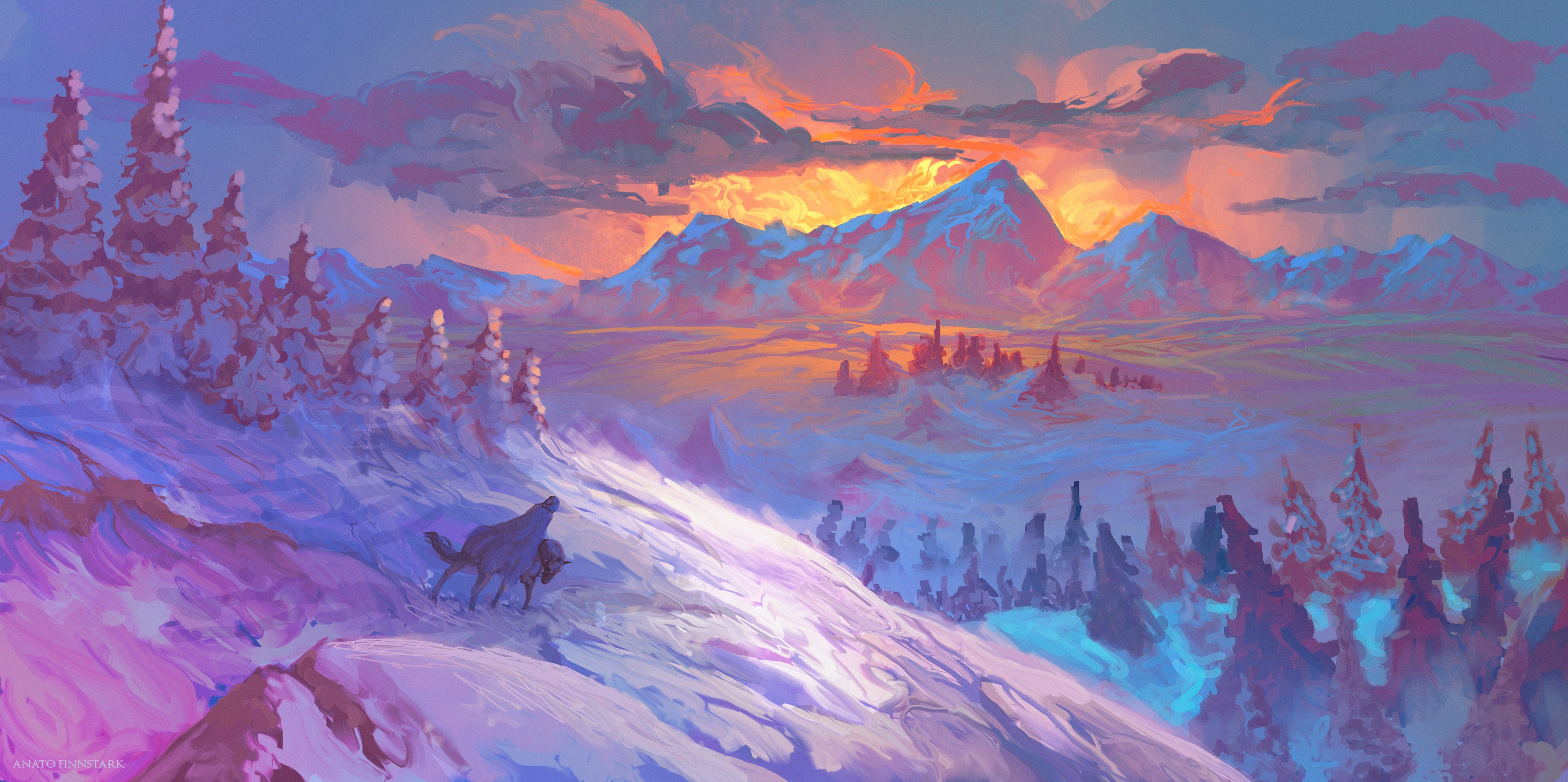 Wolves howling at sunset in a snowy mountain landscape HD Wallpaper