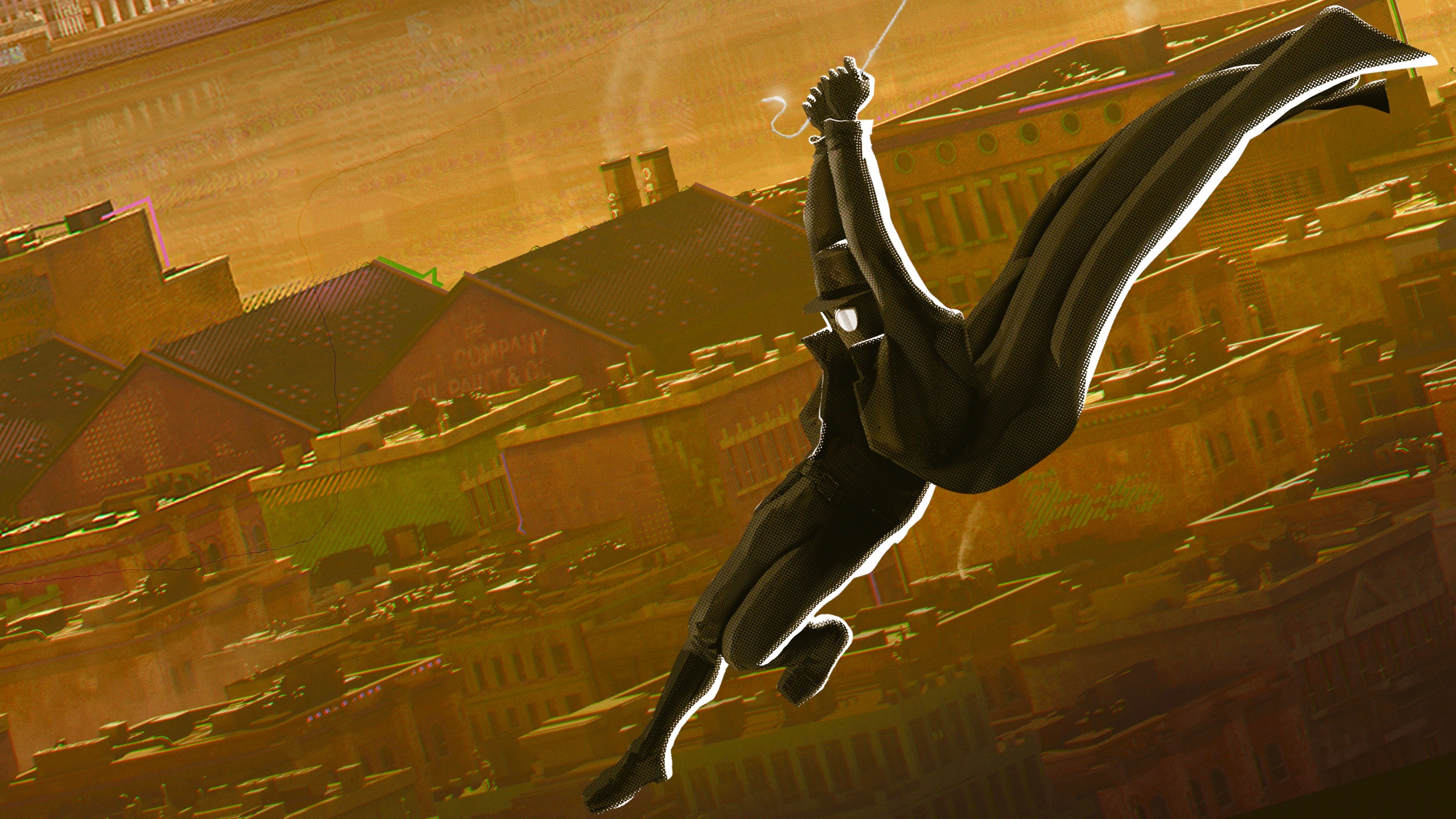 Spider-Man Noir swinging through a city HD Wallpaper