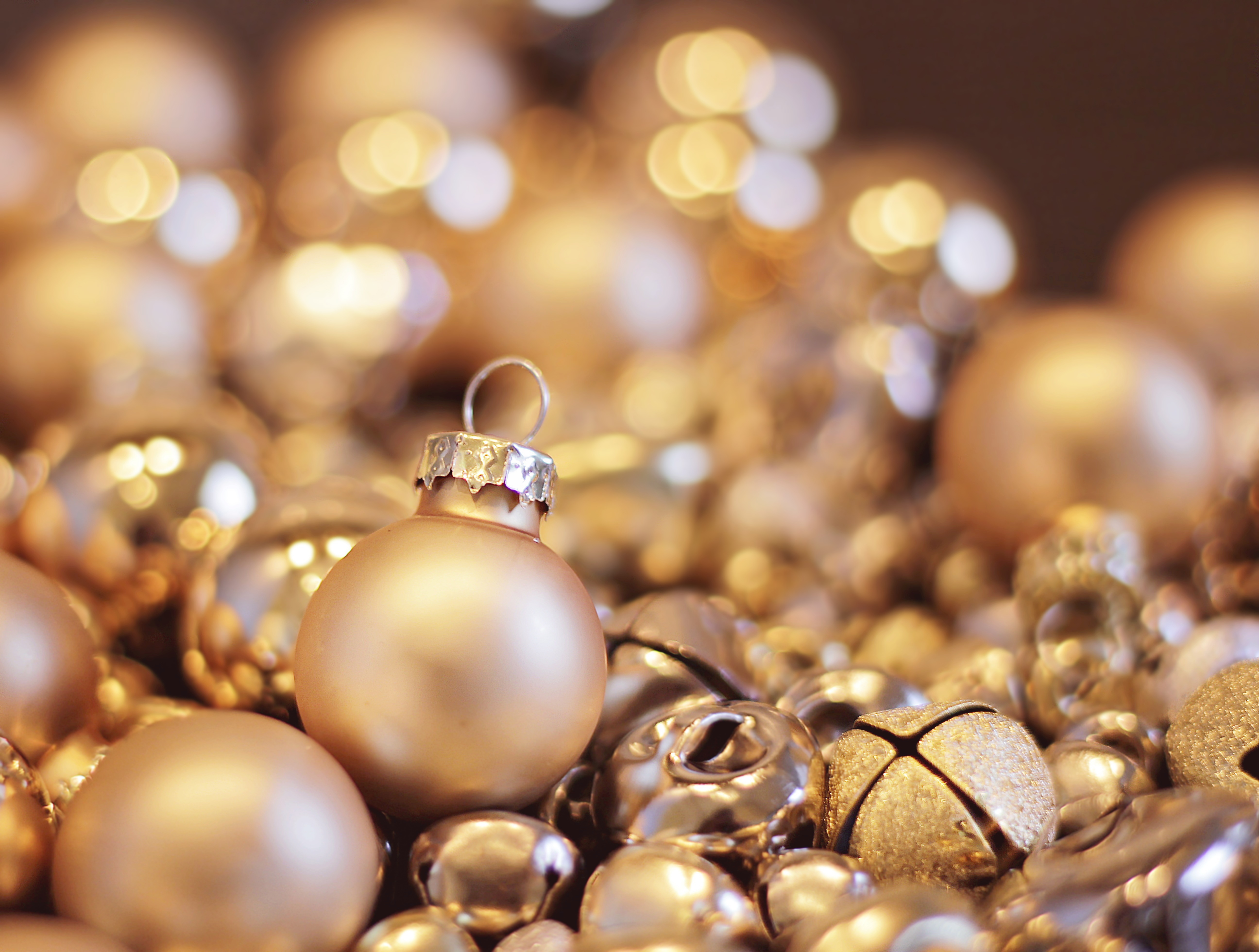 Golden Christmas Ornaments with Bokeh Lights HD Wallpaper