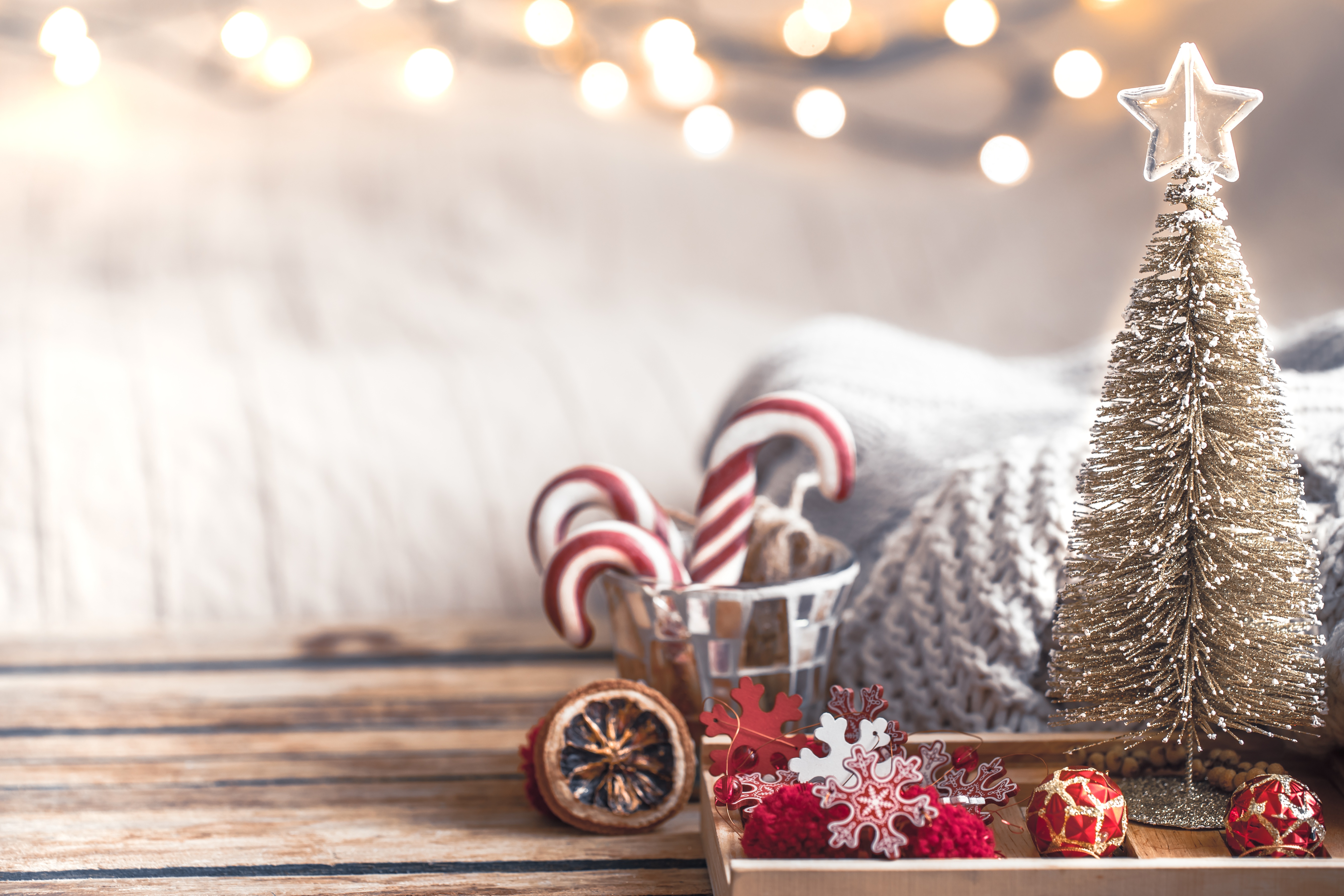 Christmas tree with ornaments and candy canes HD Wallpaper