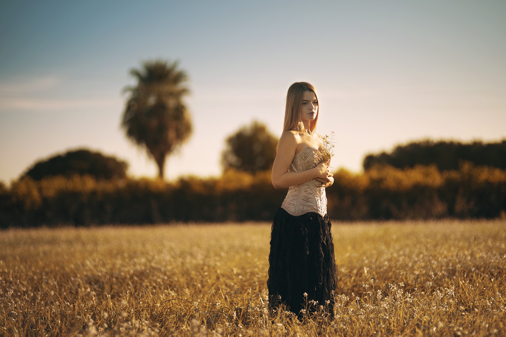 Woman in corset and skirt in a field HD Wallpaper