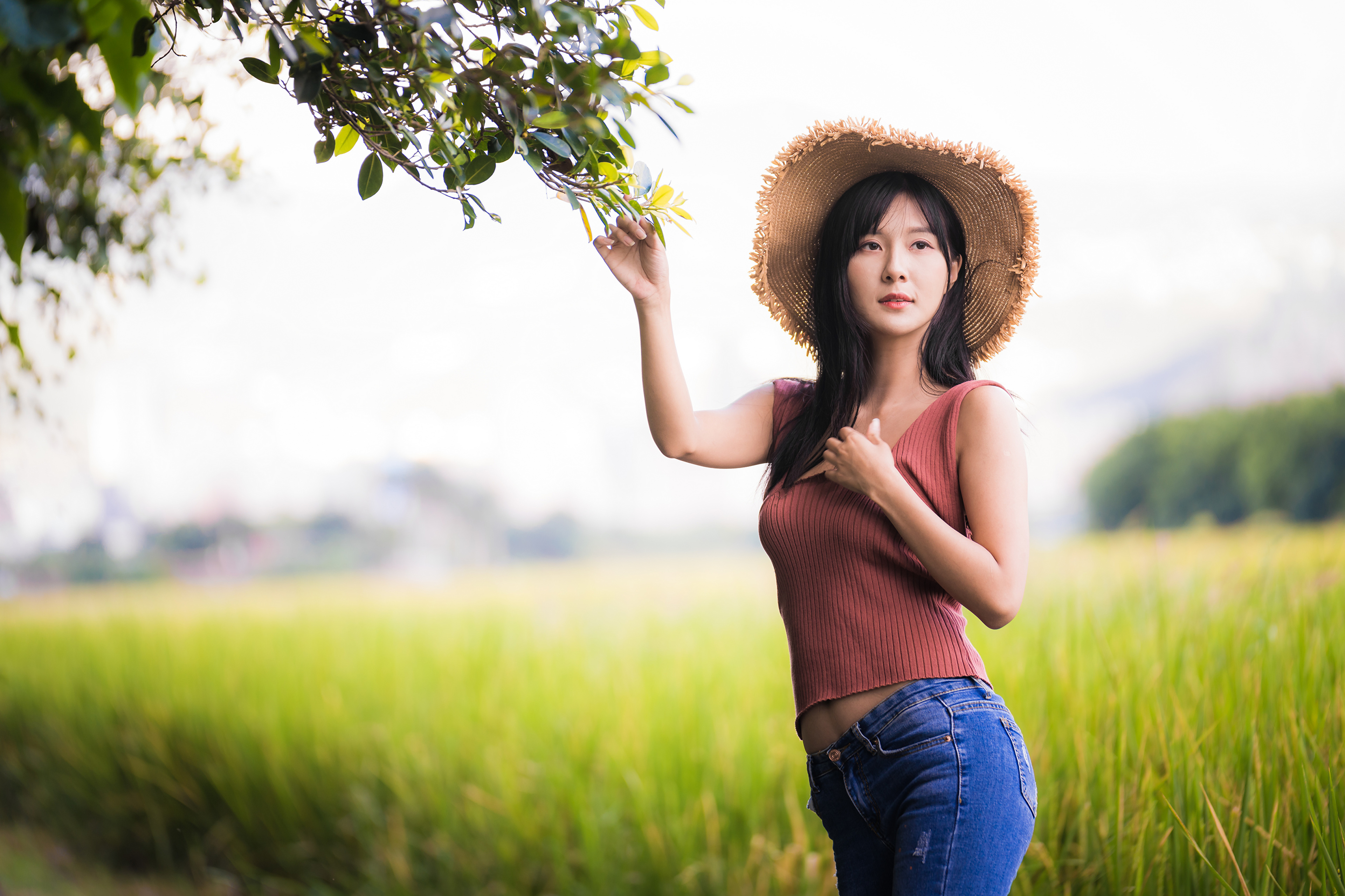 Asian Model Wearing Straw Hat in Rice Field 4K HD Wallpaper