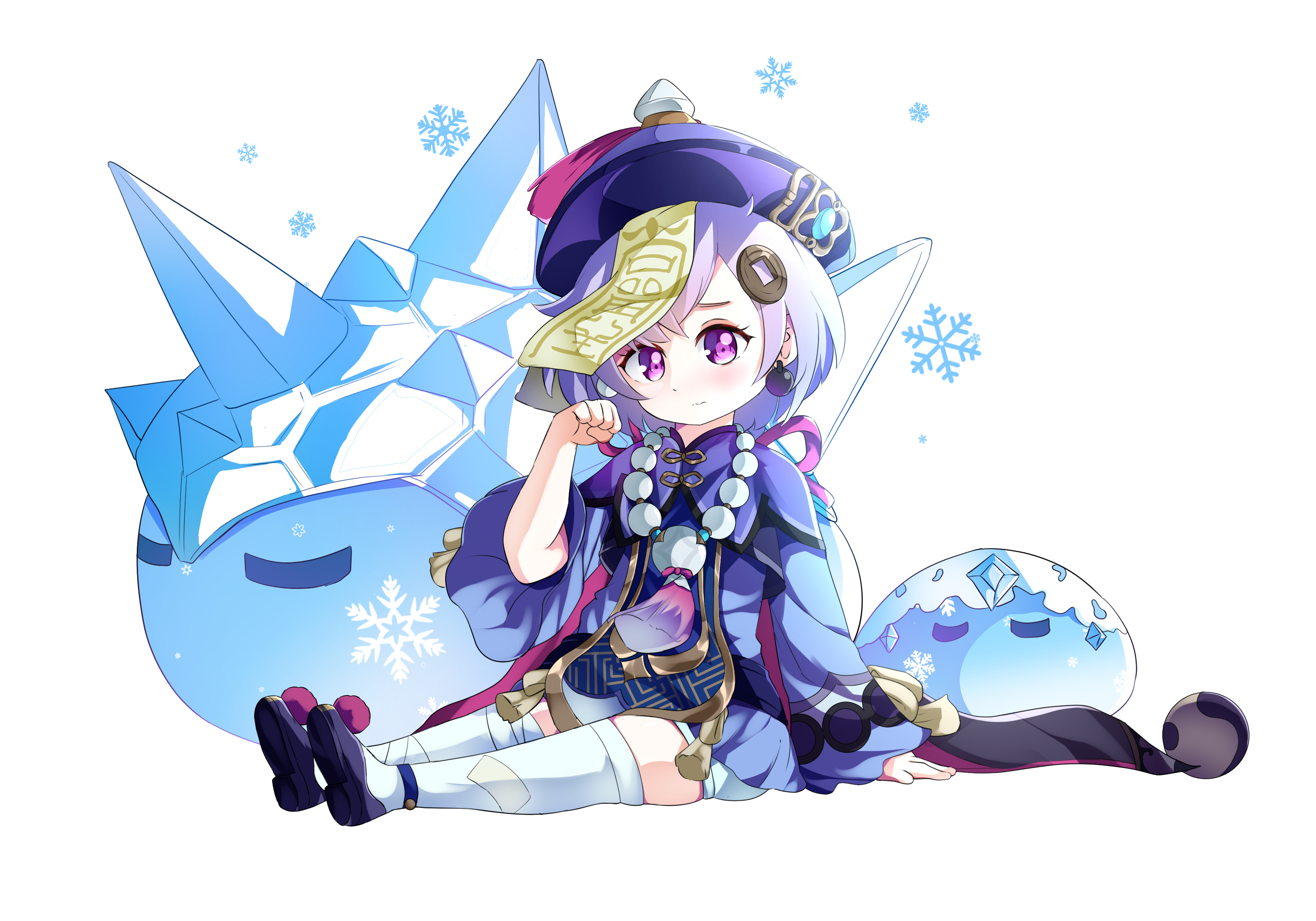 Qiqi from Genshin Impact with Cryo Slimes HD Wallpaper
