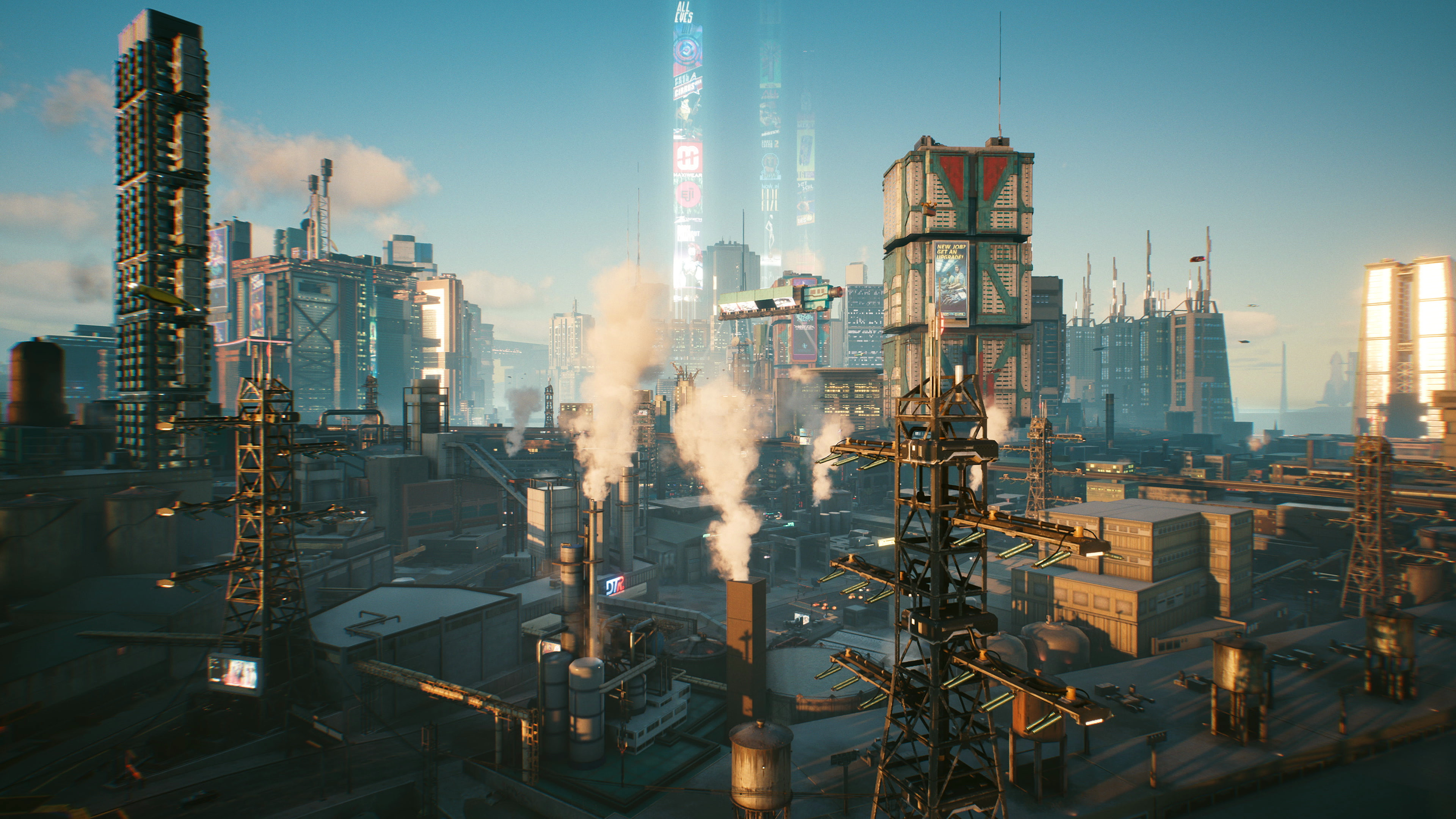 Cyberpunk 2077 4K cityscape with industrial elements HD Wallpaper