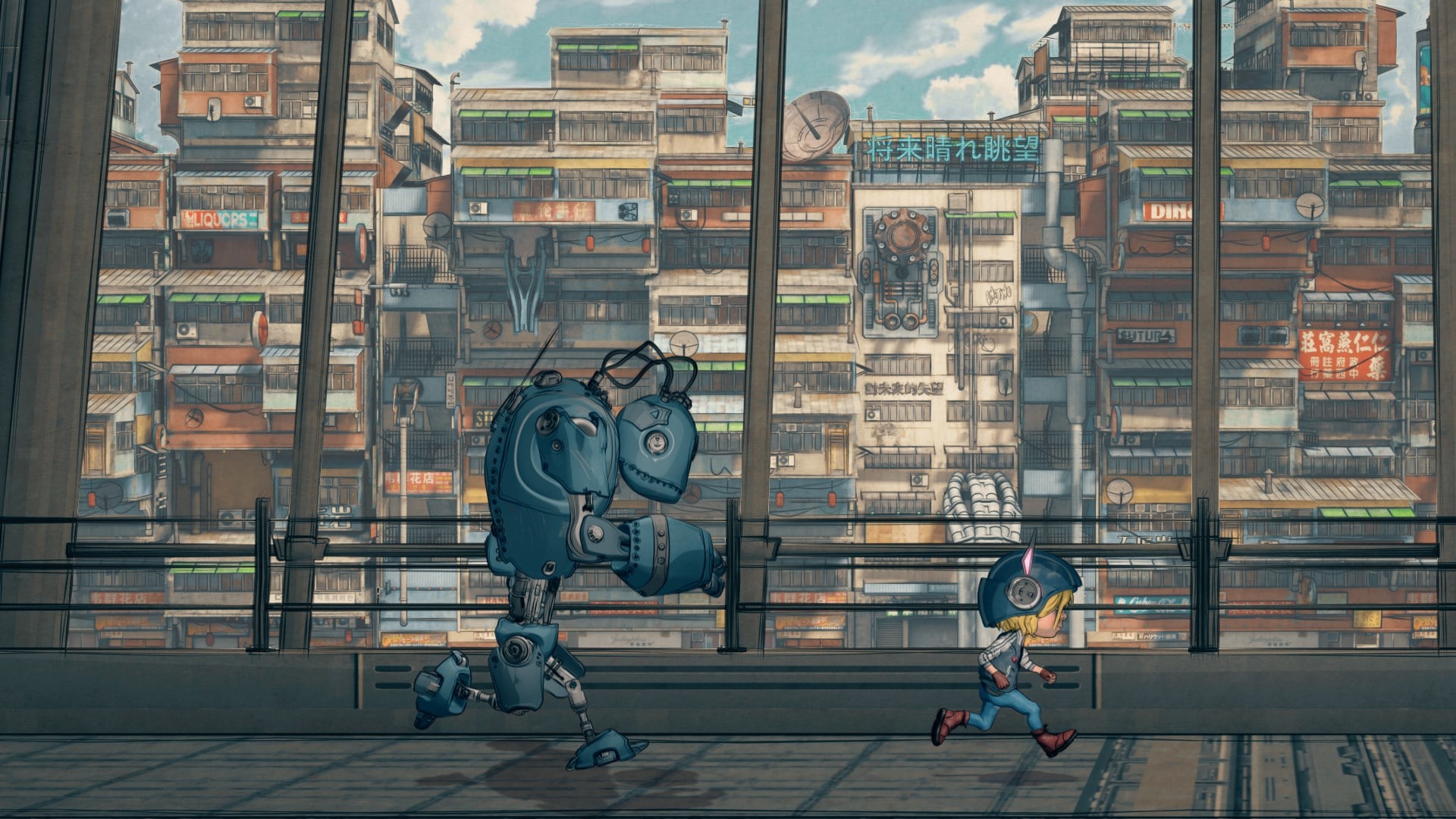 Encodya: A girl and a robot run through a futuristic city HD Wallpaper