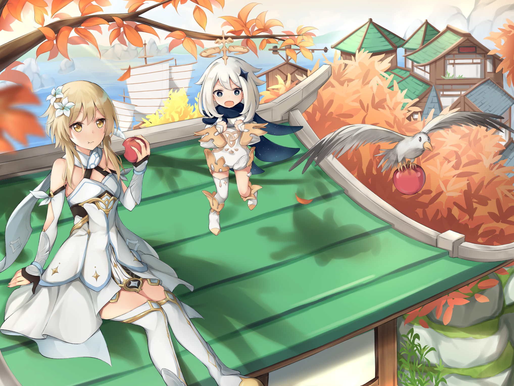 Lumine and Paimon from Genshin Impact on a rooftop HD Wallpaper