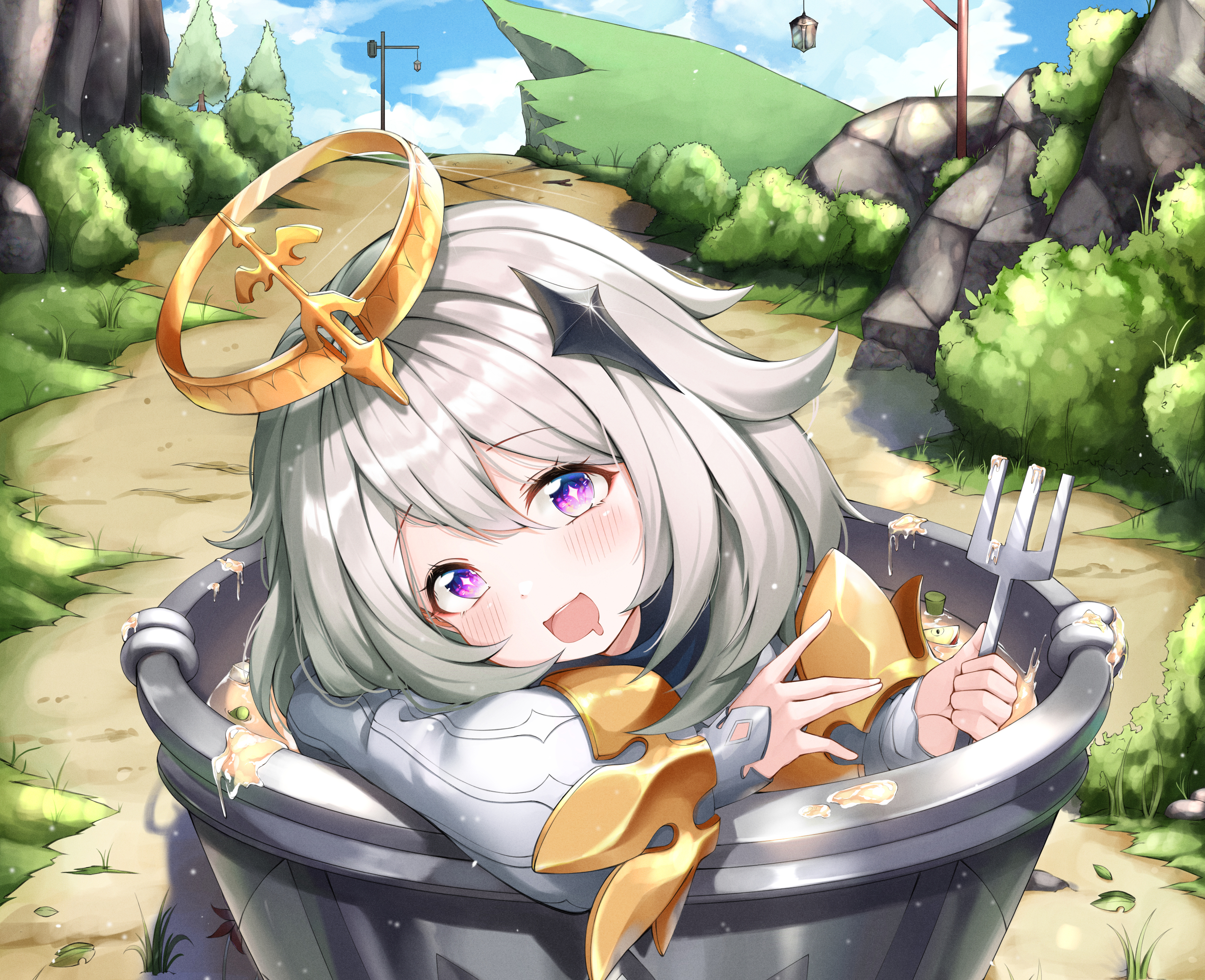 Paimon from Genshin Impact in a pot HD Wallpaper