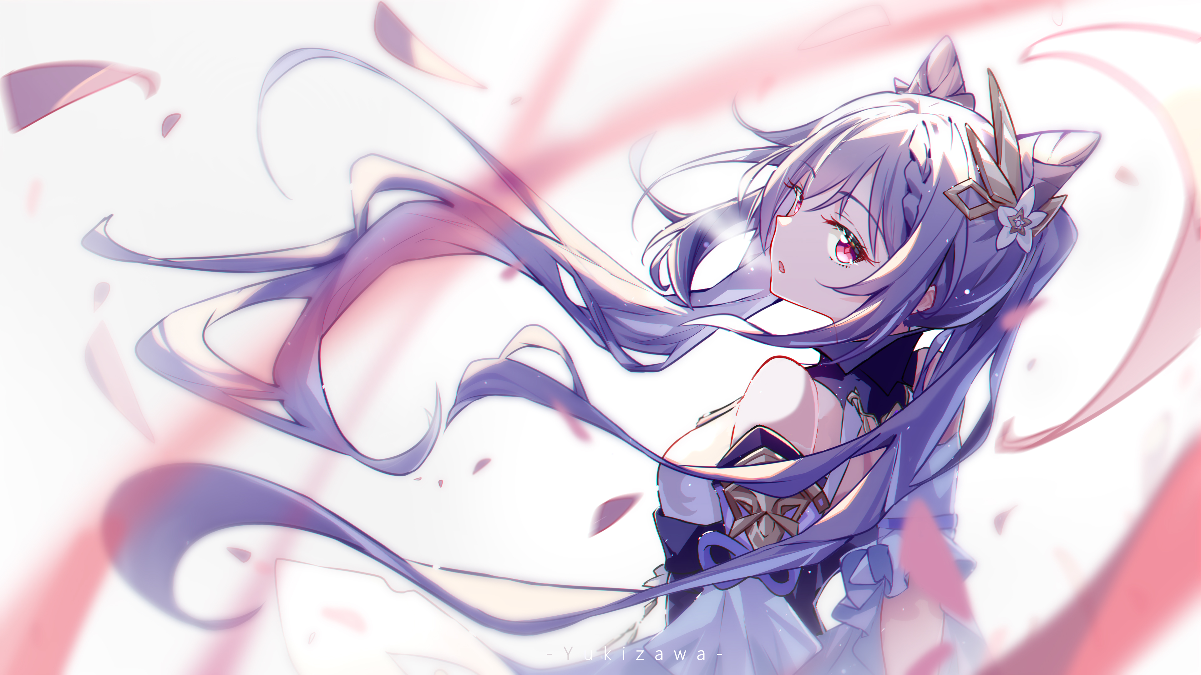 Keqing from Genshin Impact with purple hair and red eyes HD Wallpaper