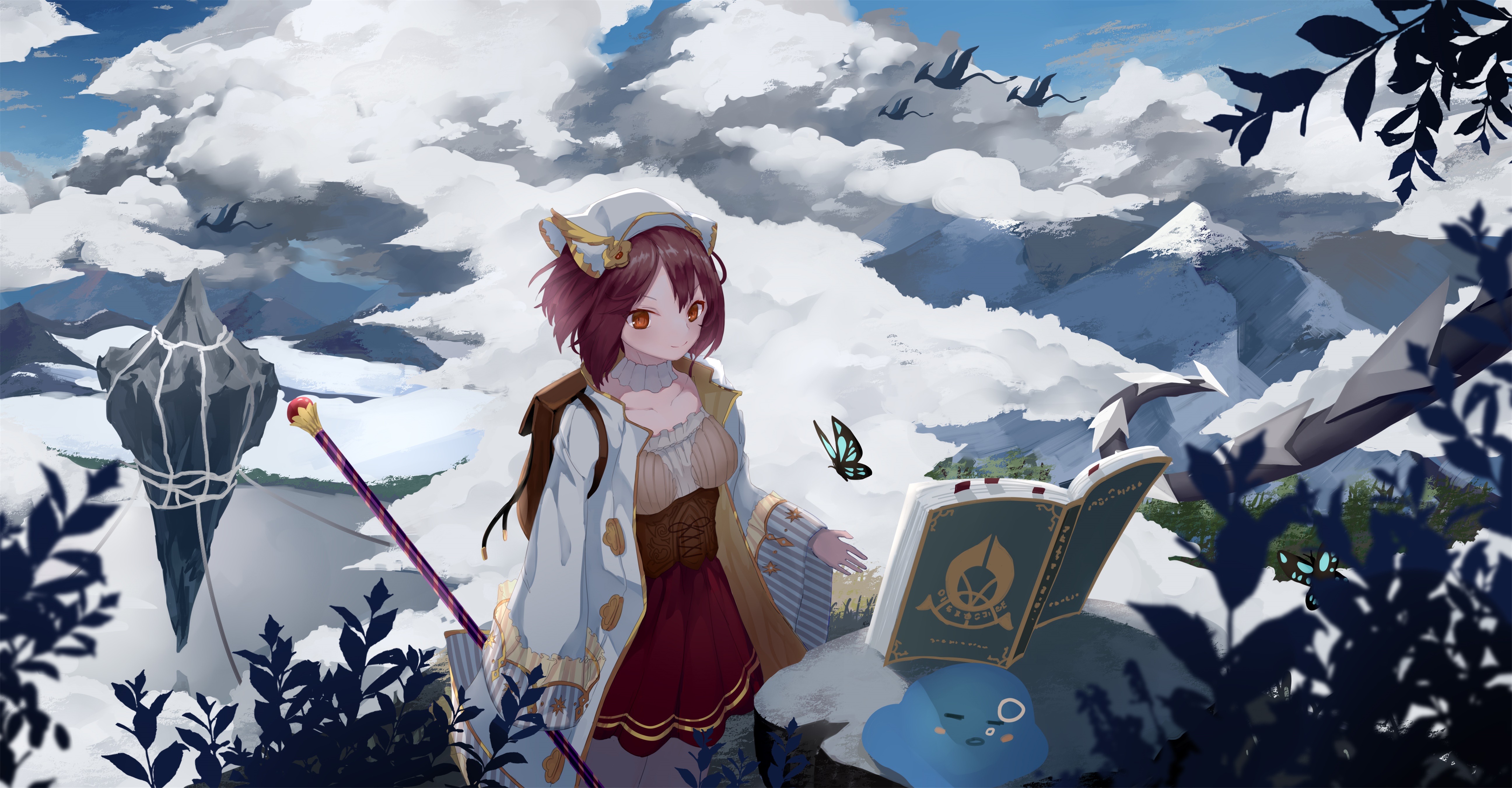 Fantasy 4K: Girl with Book and Dragons in Mountains HD Wallpaper