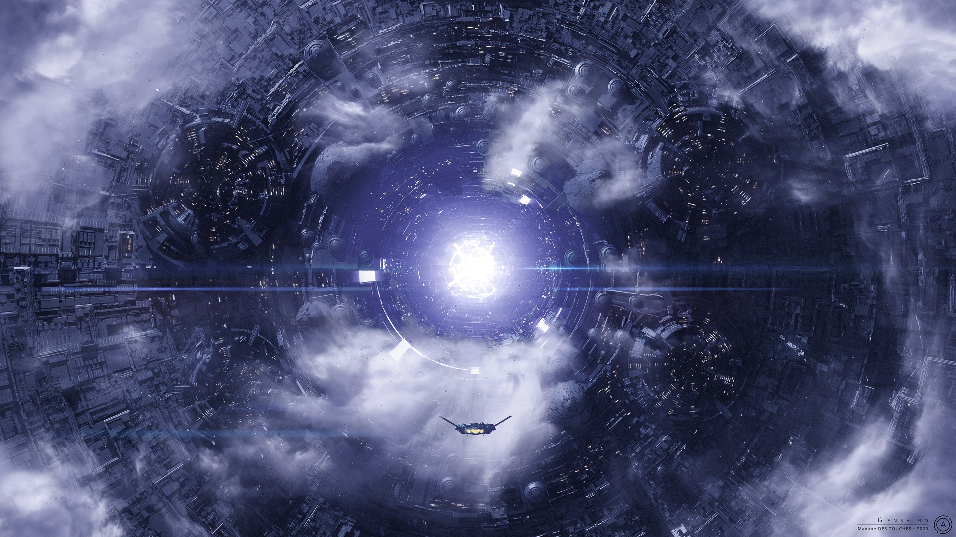 Sci-fi megastructure with spaceship and bright light HD Wallpaper