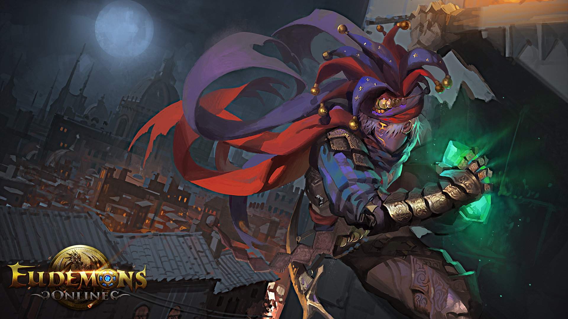 Jester character with green gems in Eudemons Online HD Wallpaper