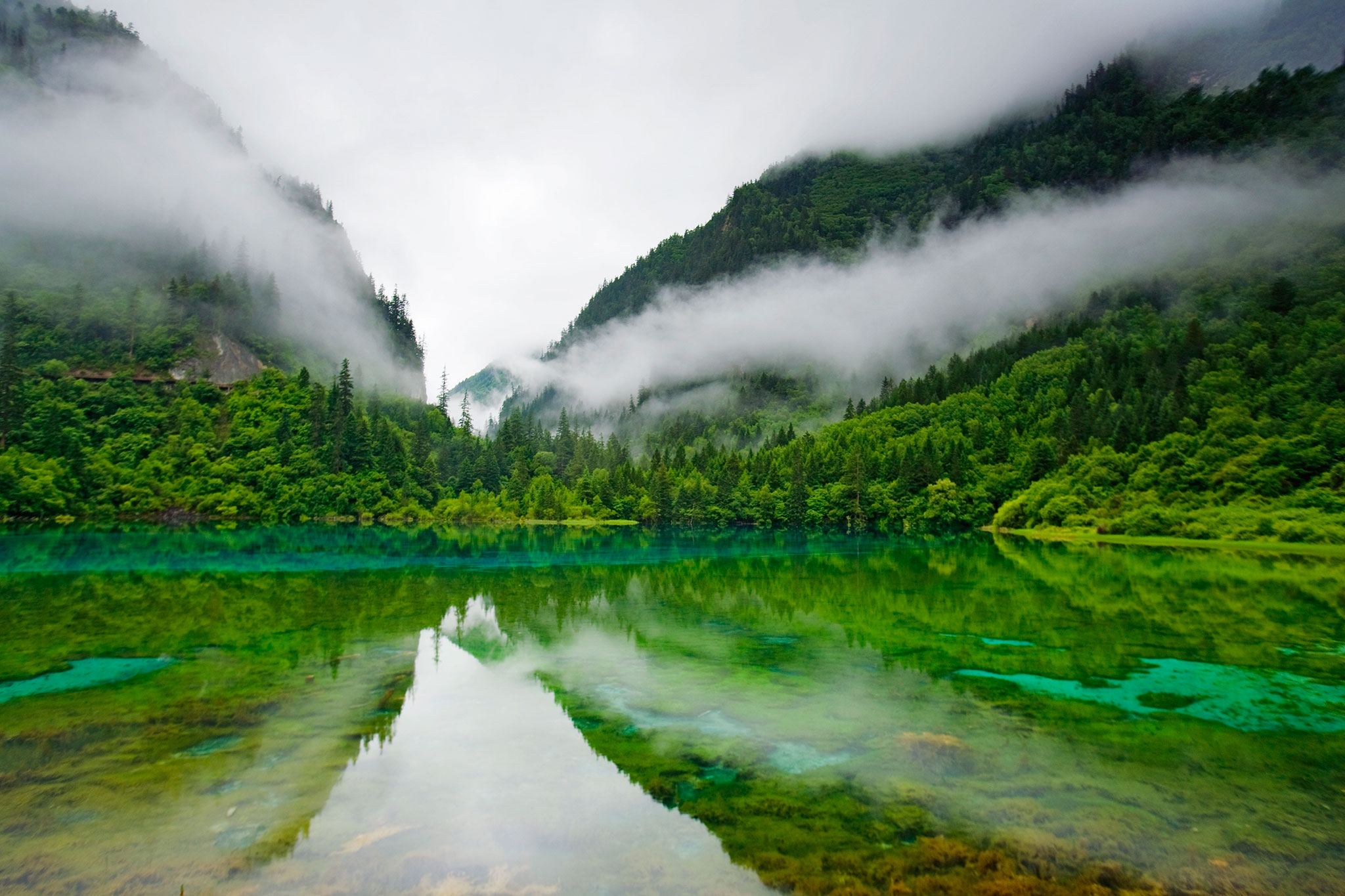 Misty Mountains Overlooking a Green Lake HD Wallpaper