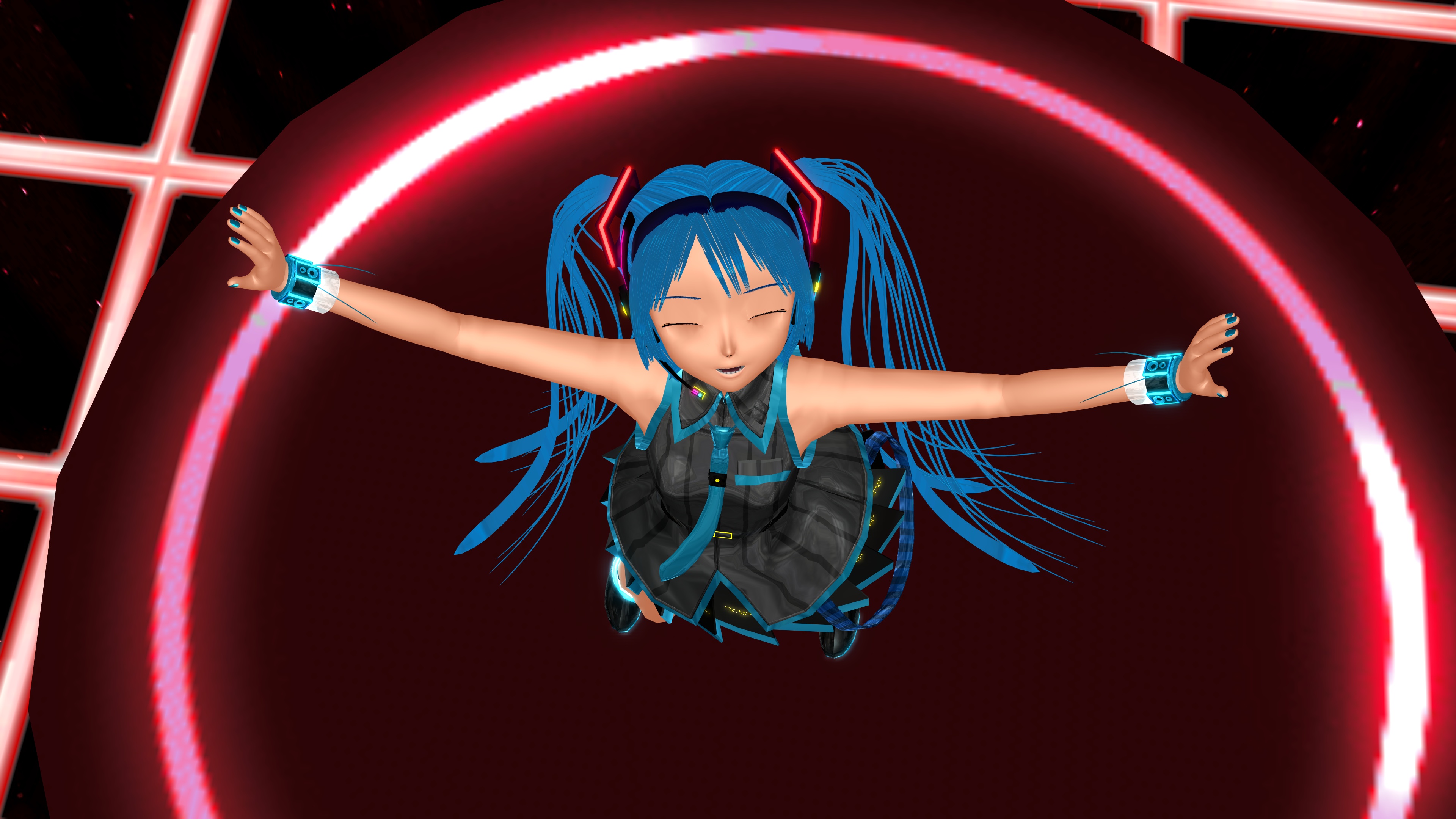 Hatsune Miku floating in a red circular portal HD Wallpaper