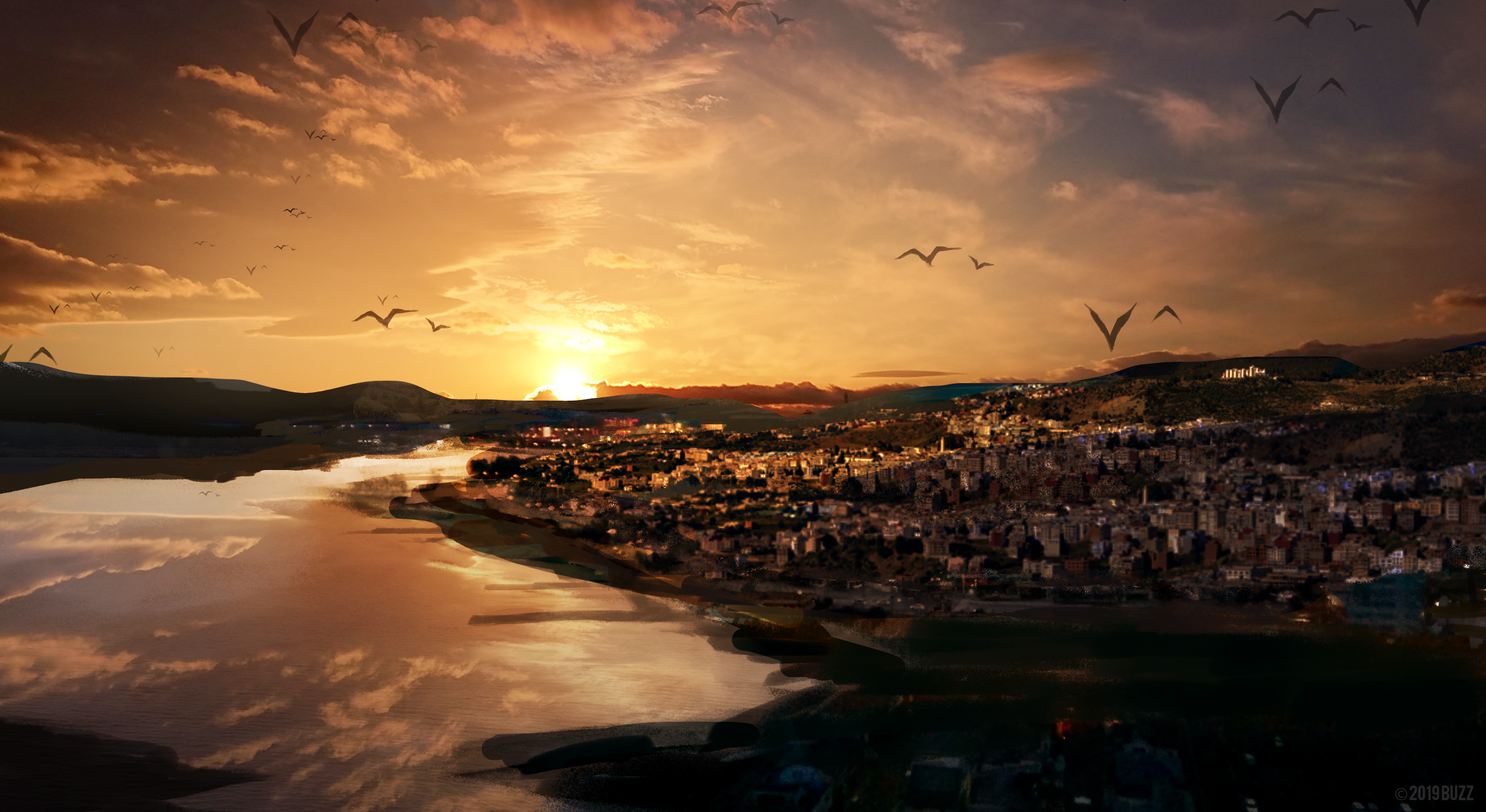 Cityscape at sunset with birds flying over water HD Wallpaper