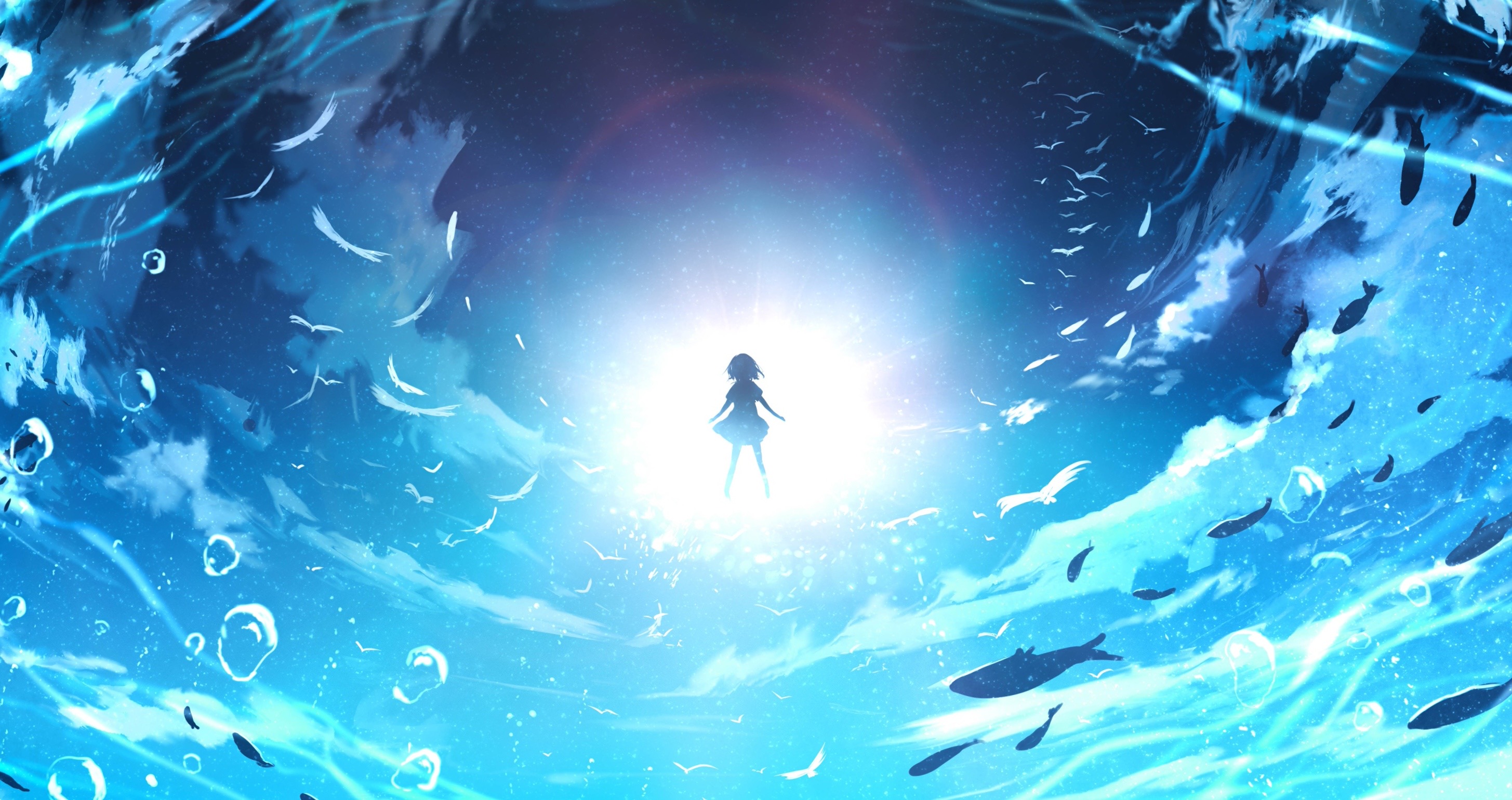 Girl in bright light surrounded by fish and birds HD Wallpaper