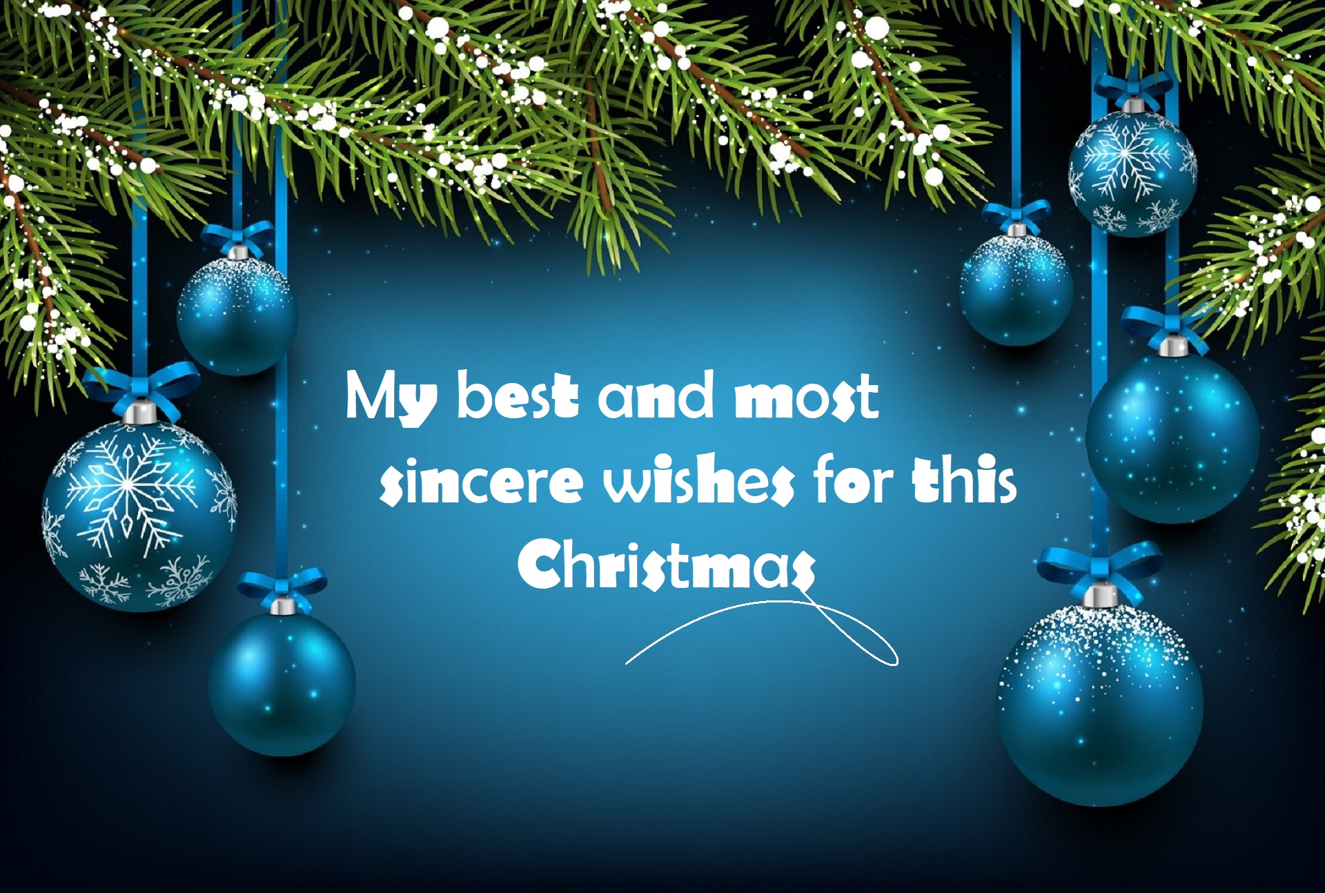 Christmas ornaments and pine branches with text HD Wallpaper