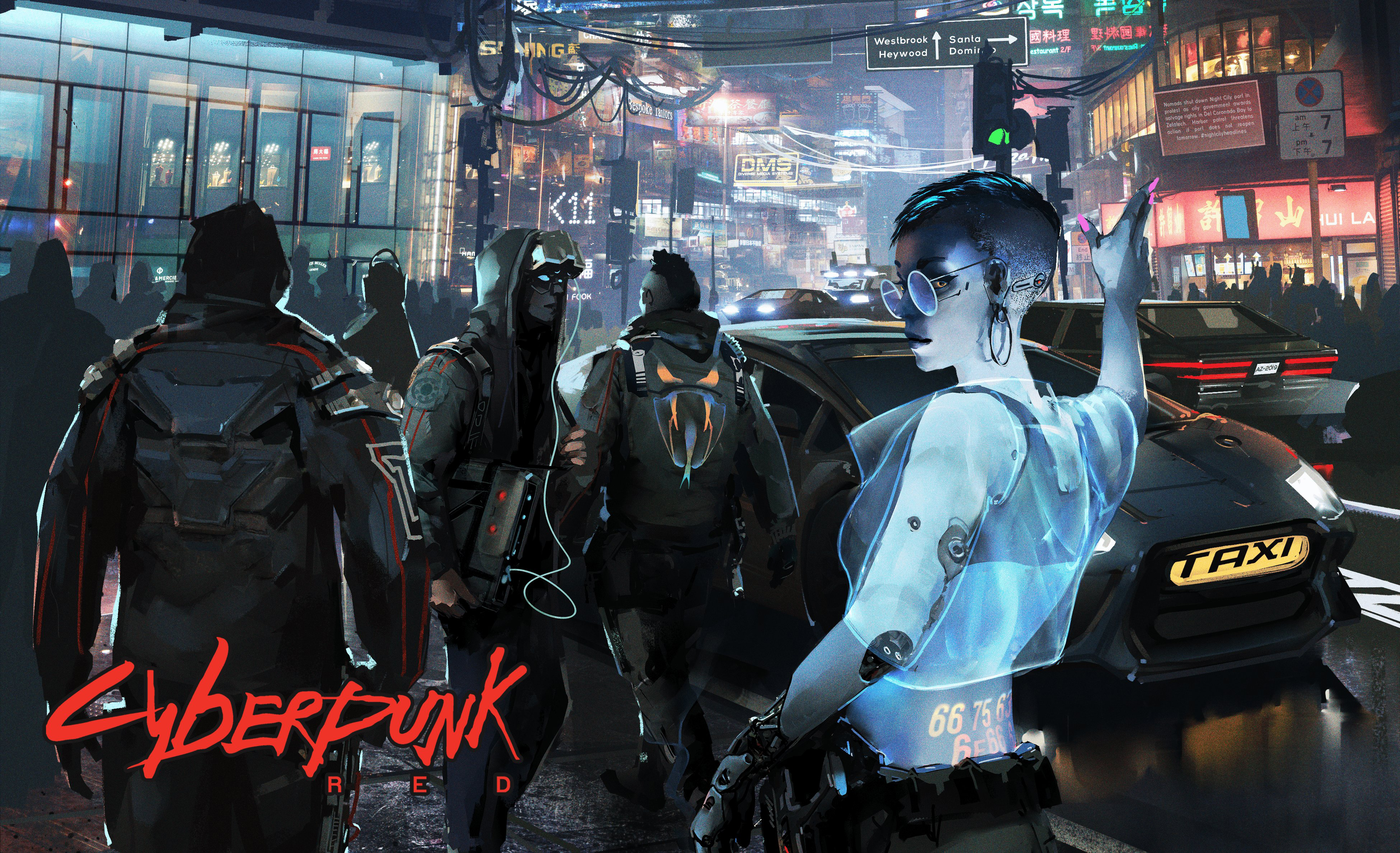 Cyberpunk Red characters in a futuristic city street HD Wallpaper
