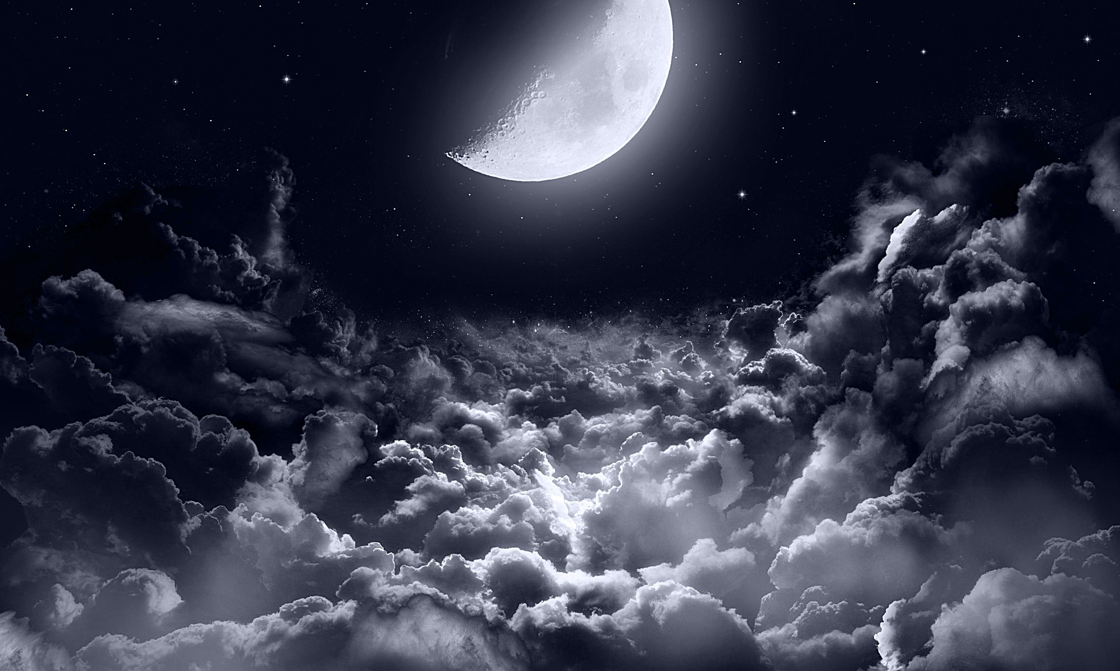 Moon and clouds in the night sky HD Wallpaper