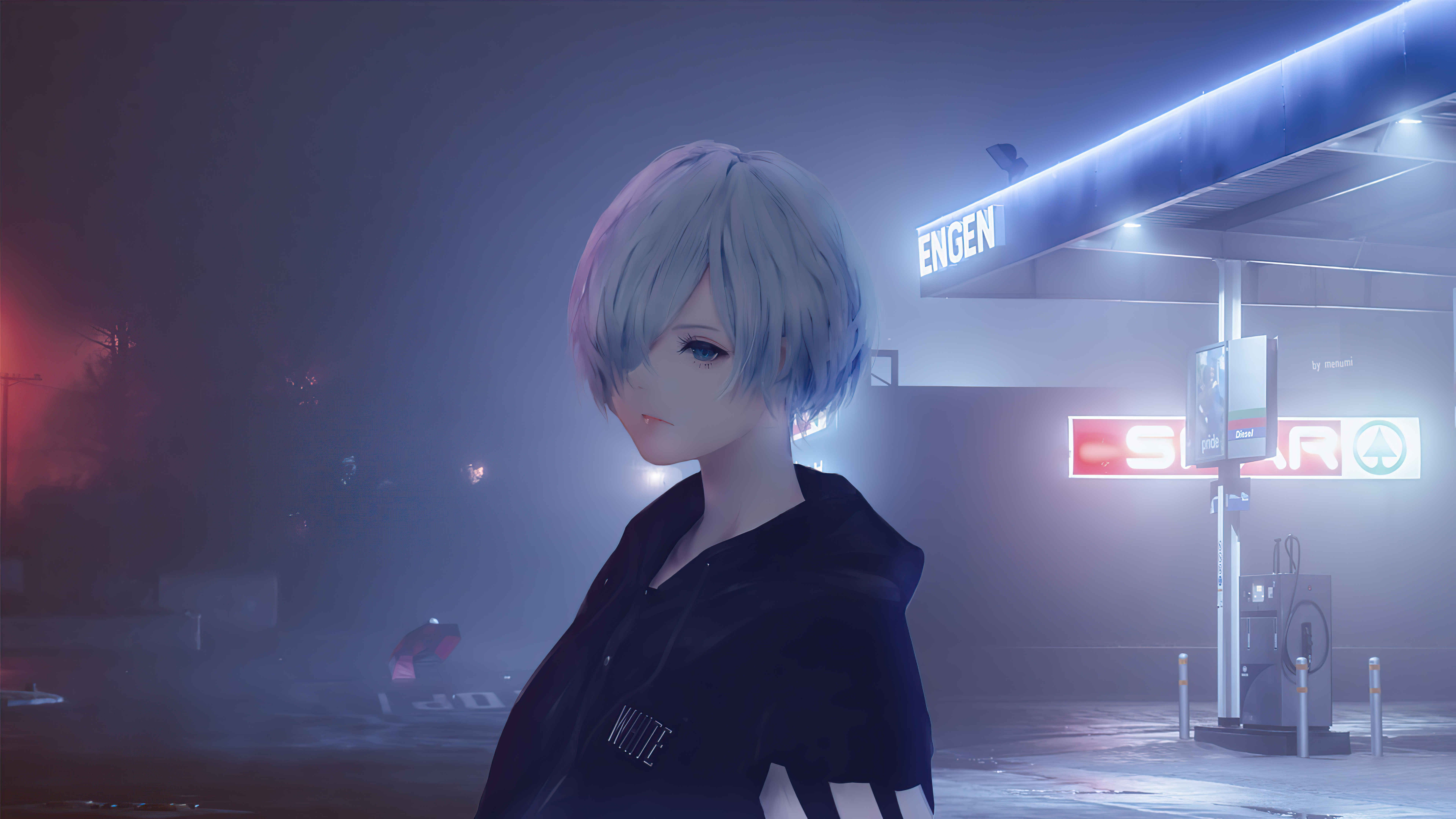 Anime girl at a foggy Engen gas station at night HD Wallpaper