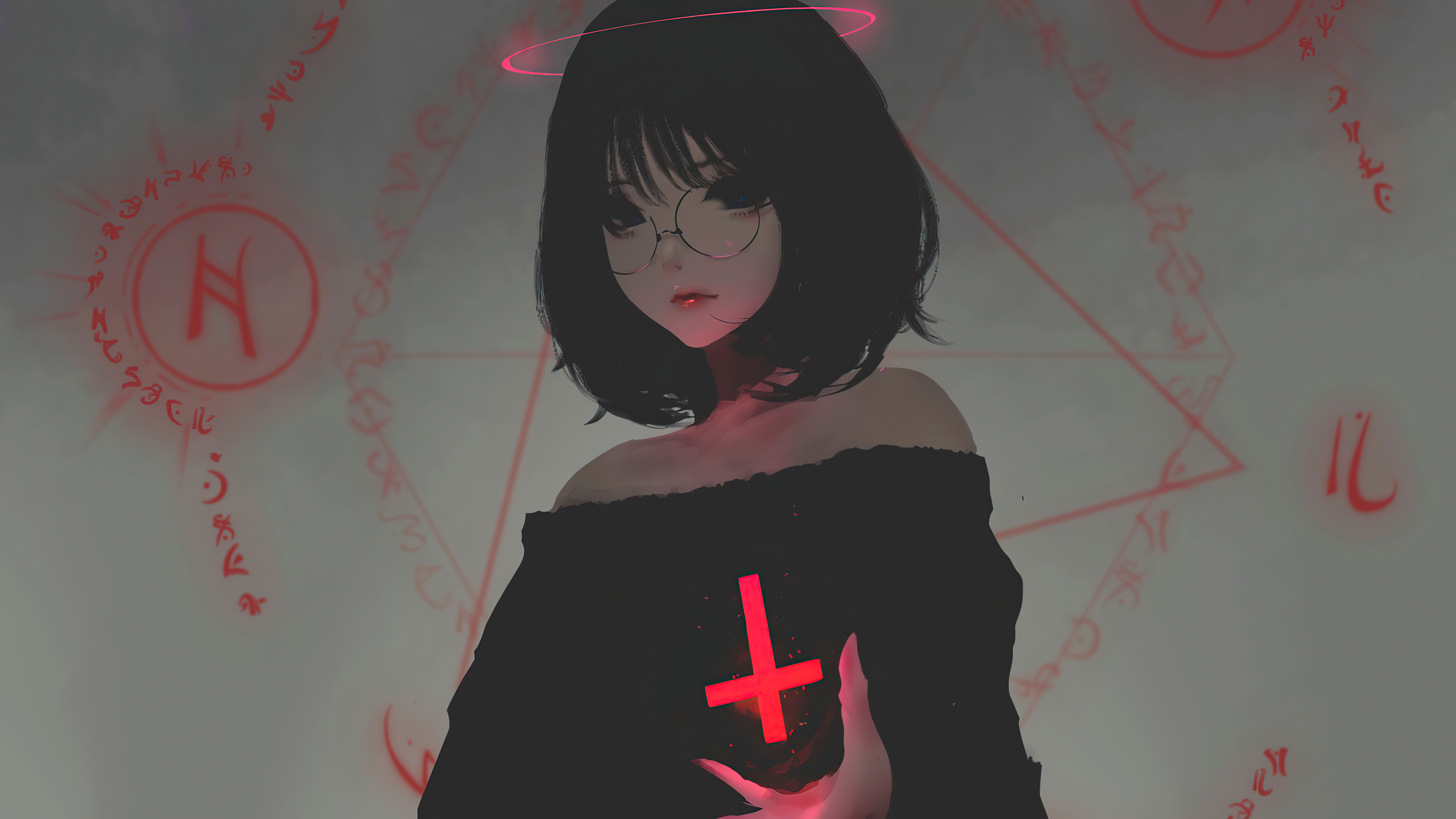 Anime girl with inverted cross and occult symbols HD Wallpaper
