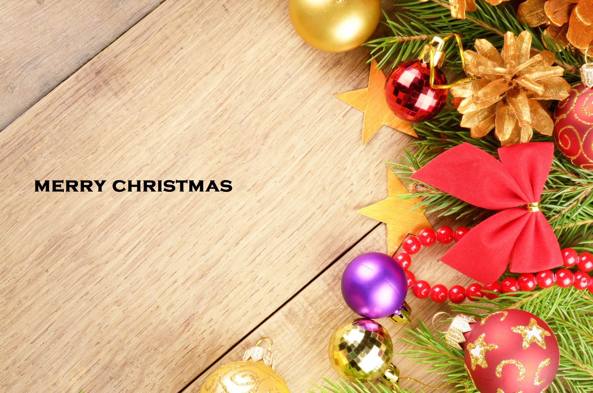 Merry Christmas text with ornaments HD Wallpaper