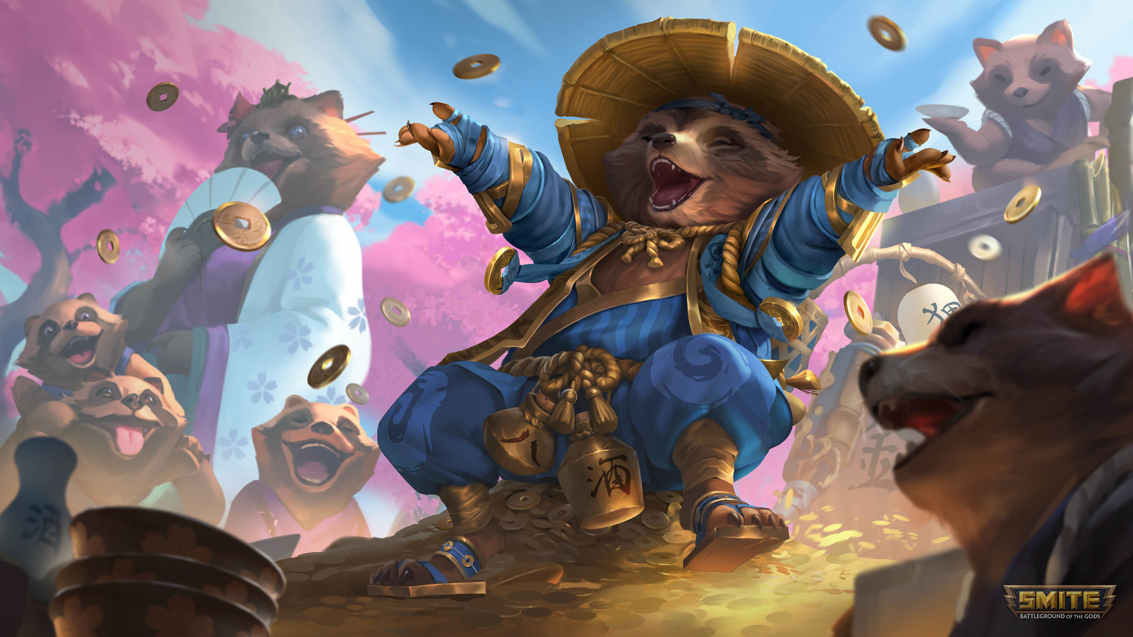 Danzaburou from Smite with Tanuki friends HD Wallpaper