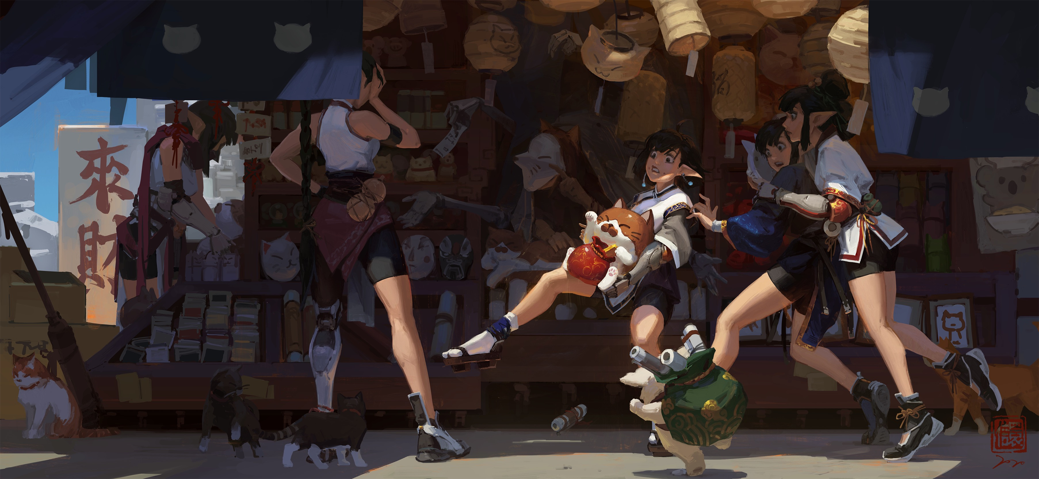 Anime characters at a street market with cats HD Wallpaper