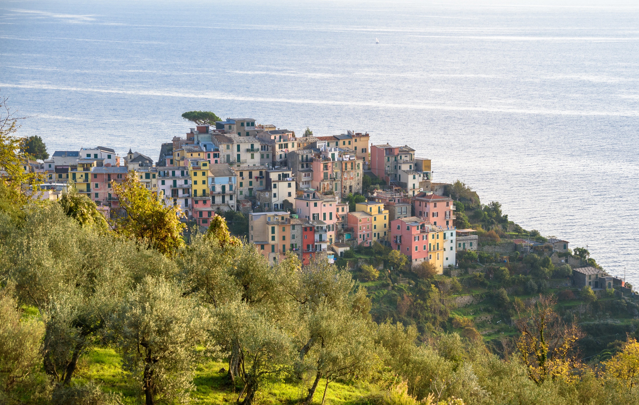 Corniglia village on a cliff overlooking the sea in Liguria, Italy HD Wallpaper