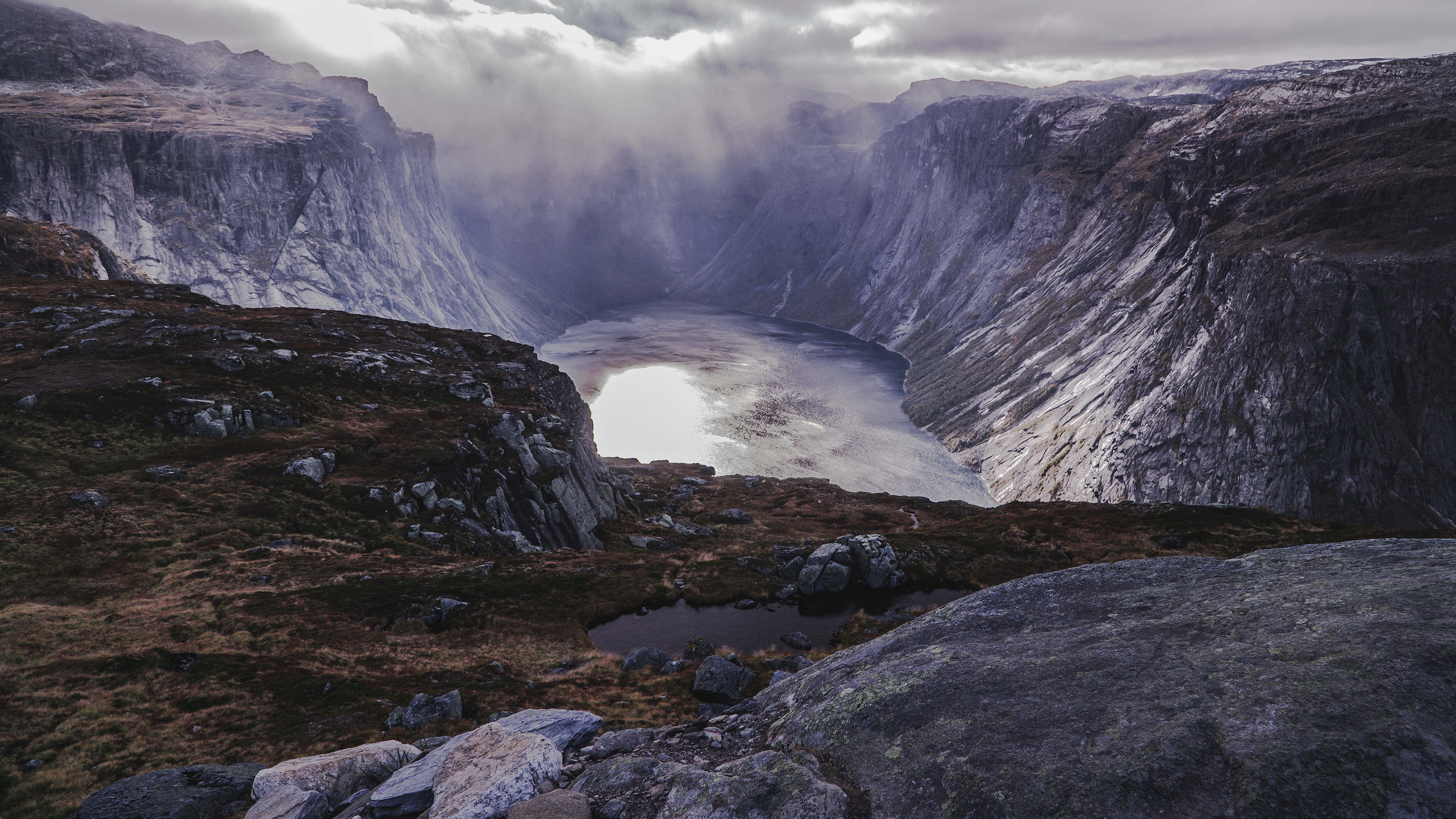 Lake in a Fjord with Rocky Cliffs HD Wallpaper