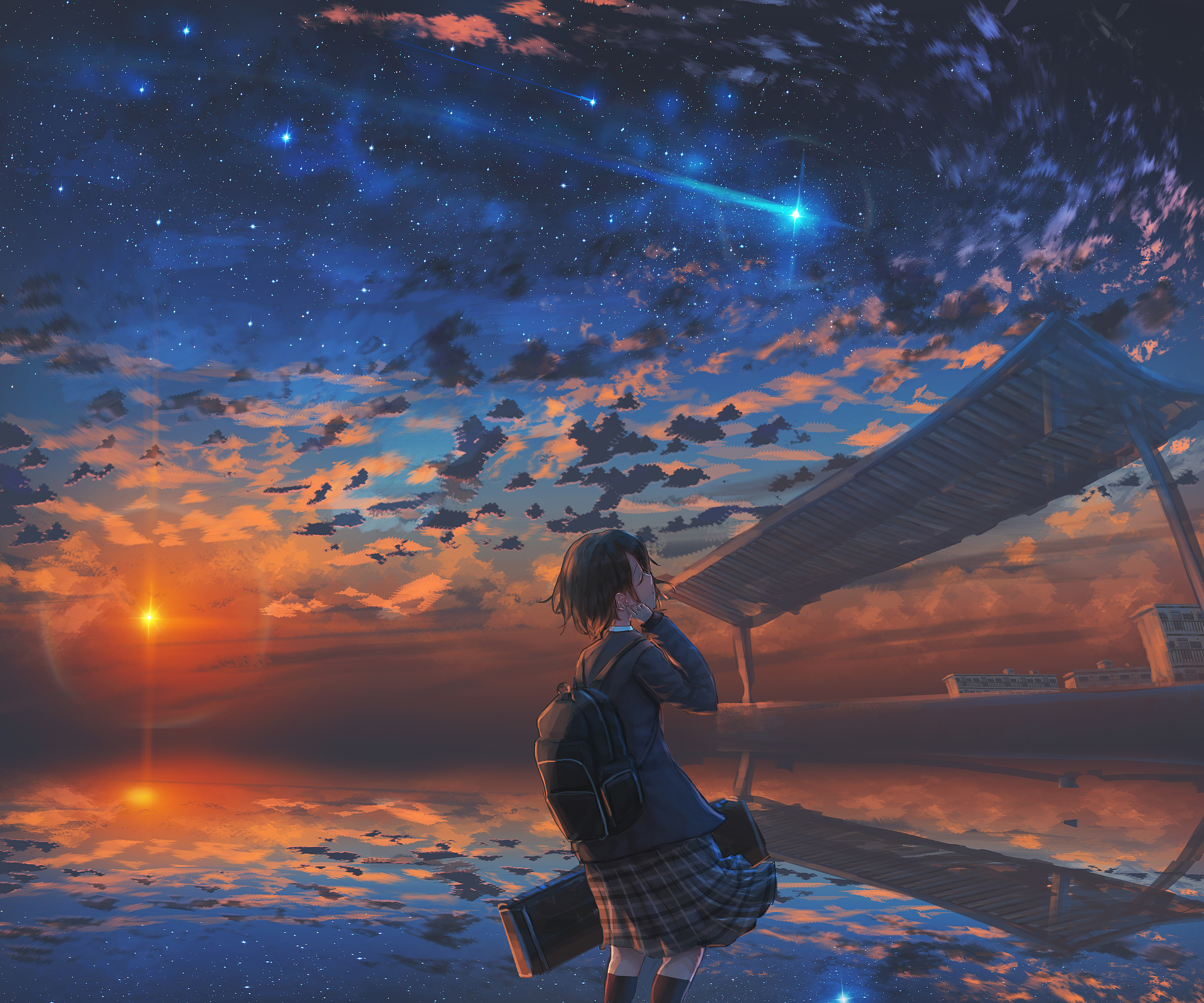 Girl watching a starry sky at sunset HD Wallpaper