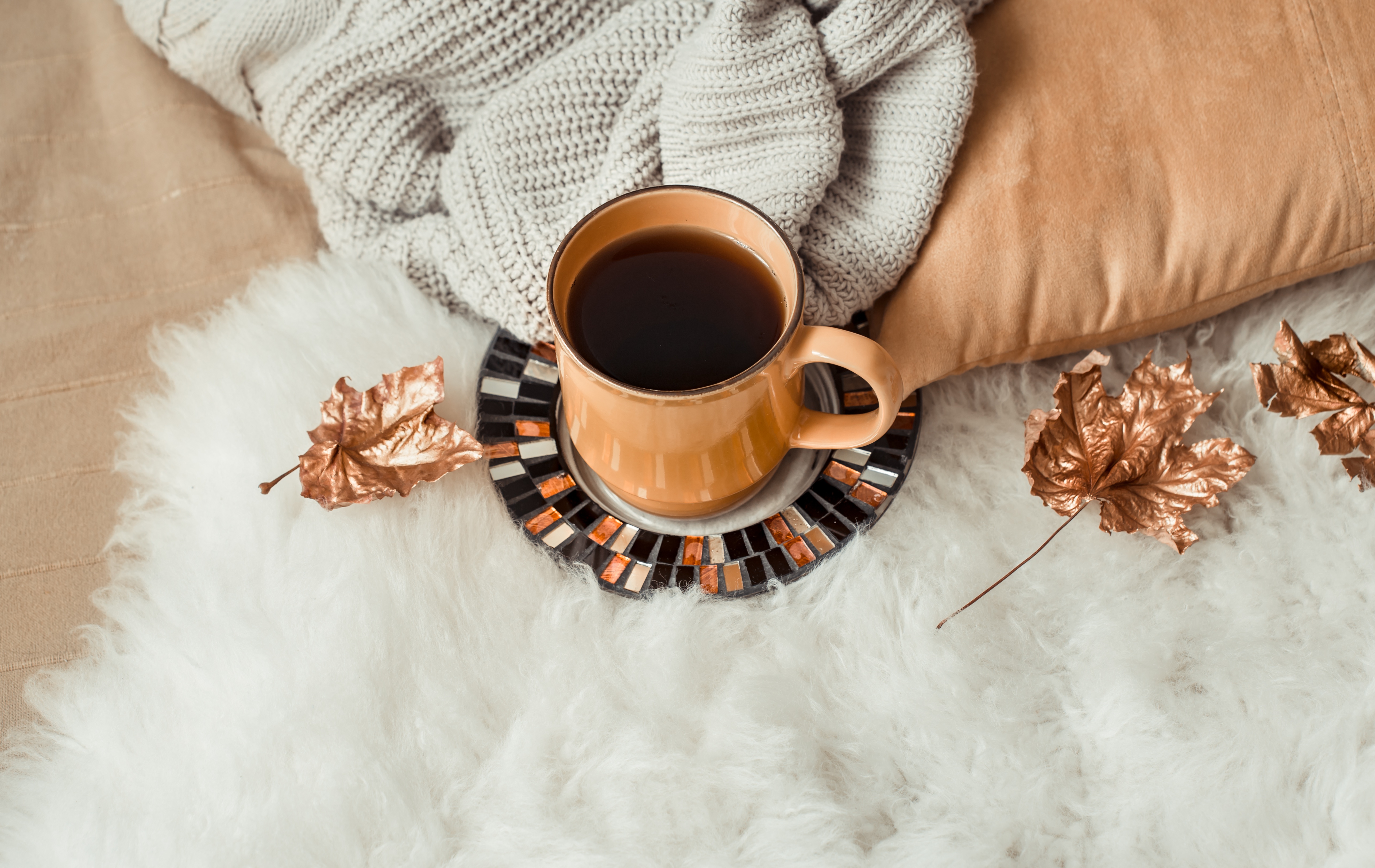 Cup of Coffee with Autumn Leaves HD Wallpaper