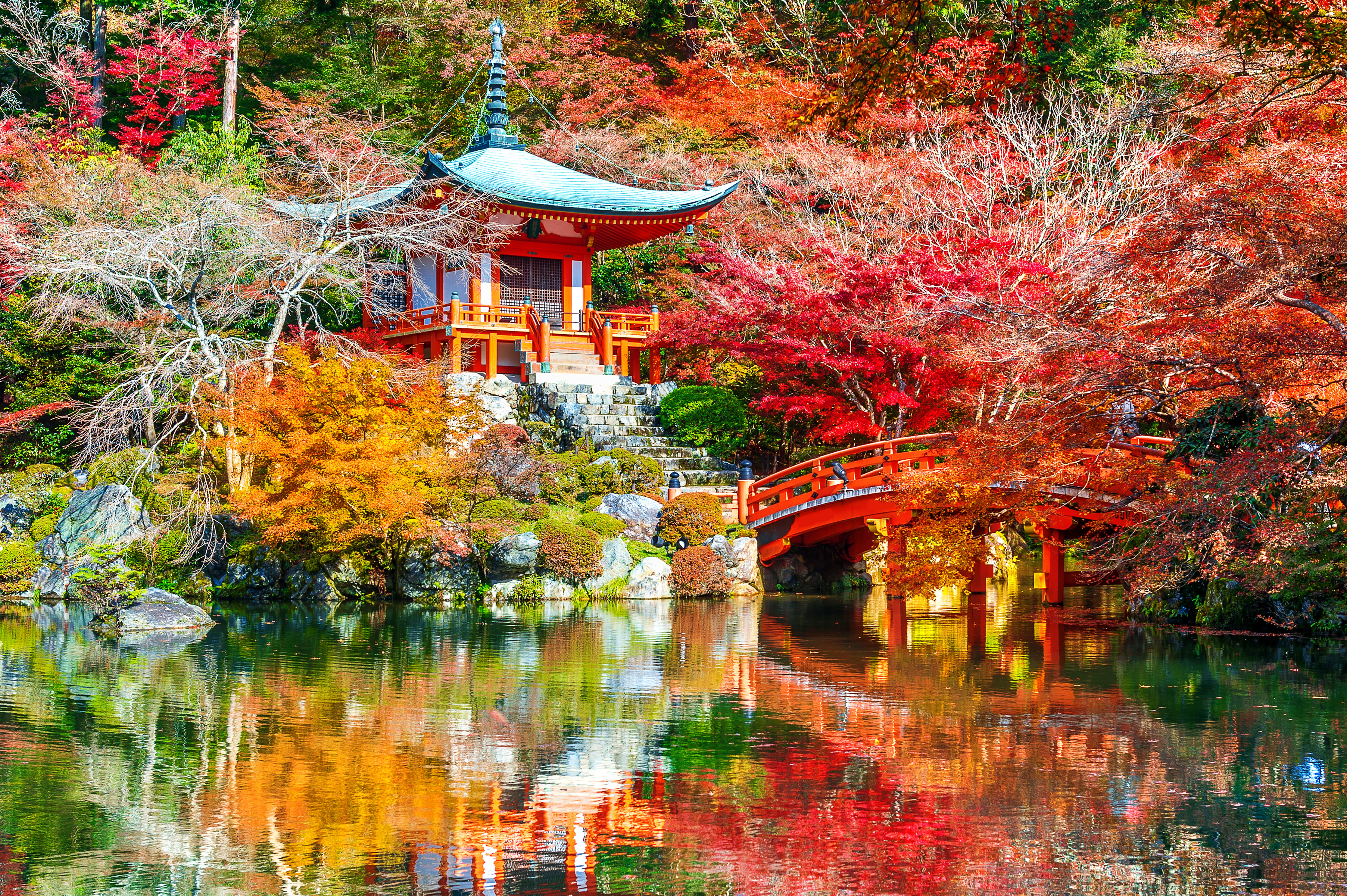 Japanese Temple and Bridge in Autumn HD Wallpaper