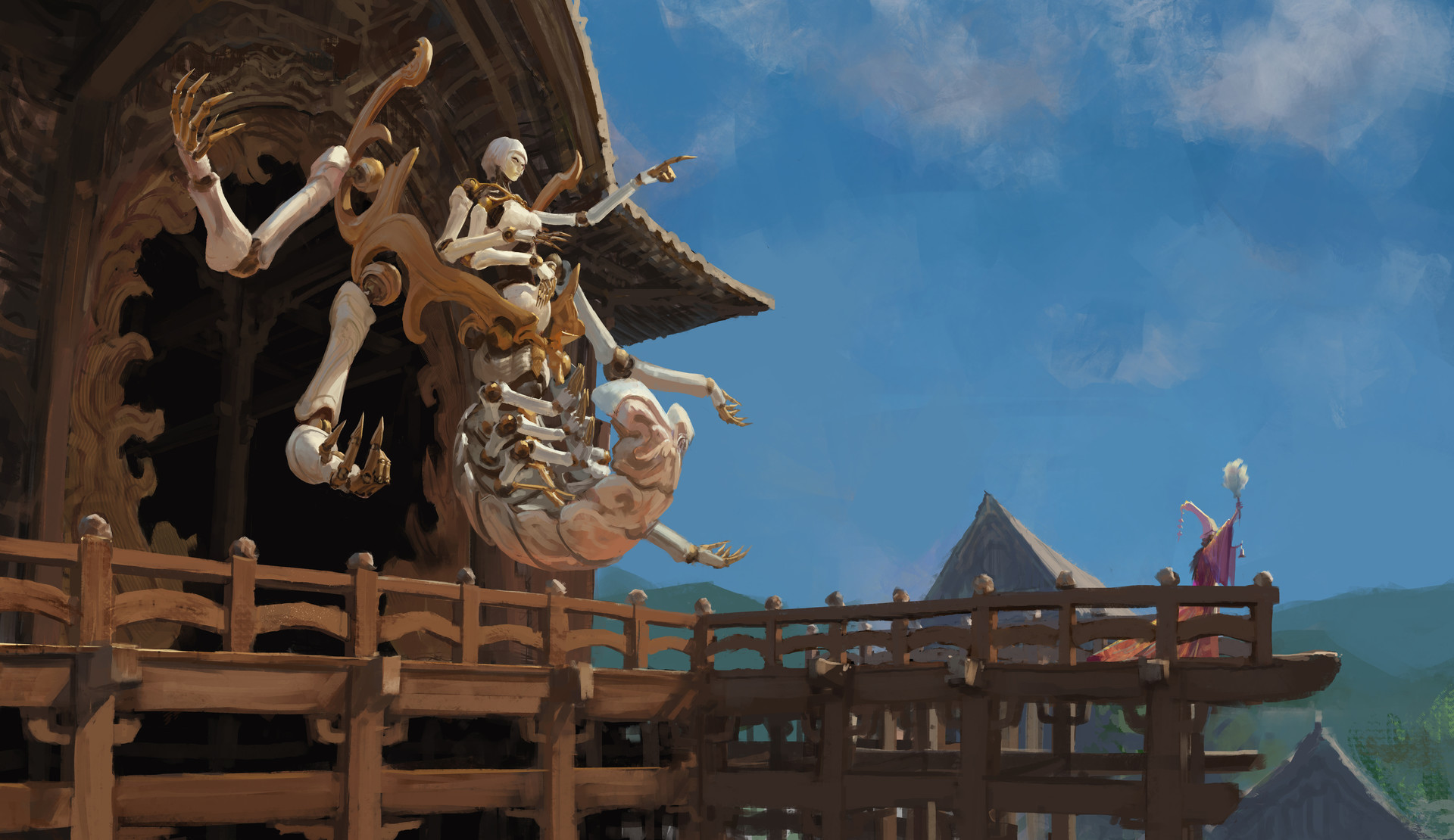 Skeleton creature and robed figure on temple balcony HD Wallpaper