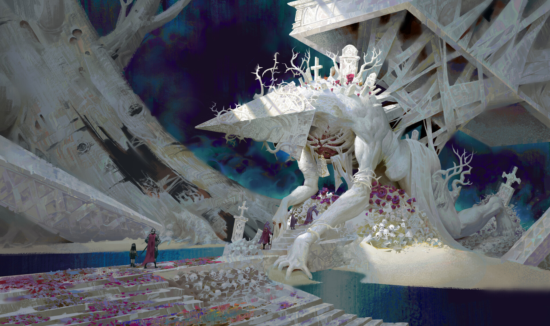 Giant white creature with thorny branches and flowers in a desolate landscape HD Wallpaper