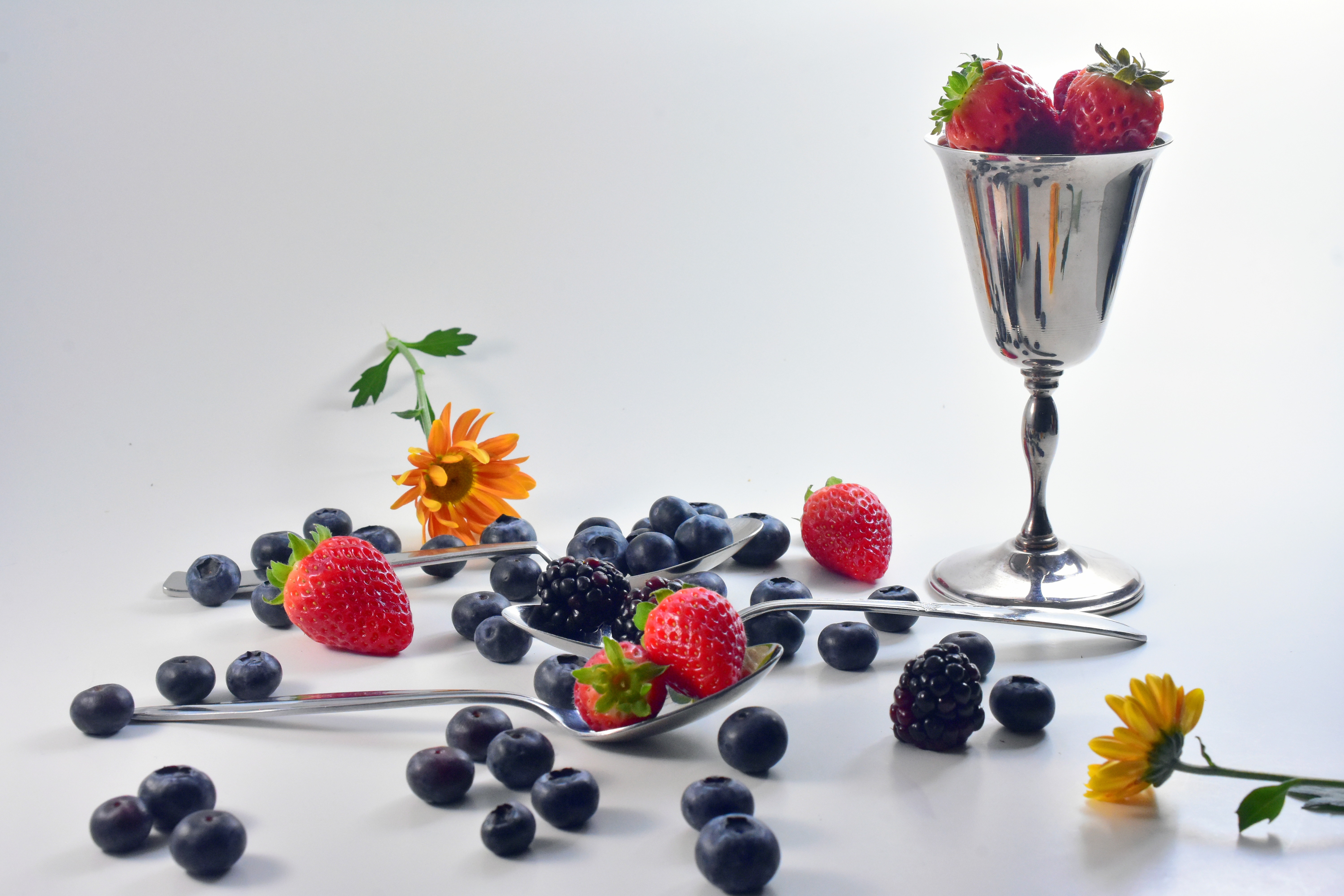 Strawberries and Blueberries with Flowers HD Wallpaper