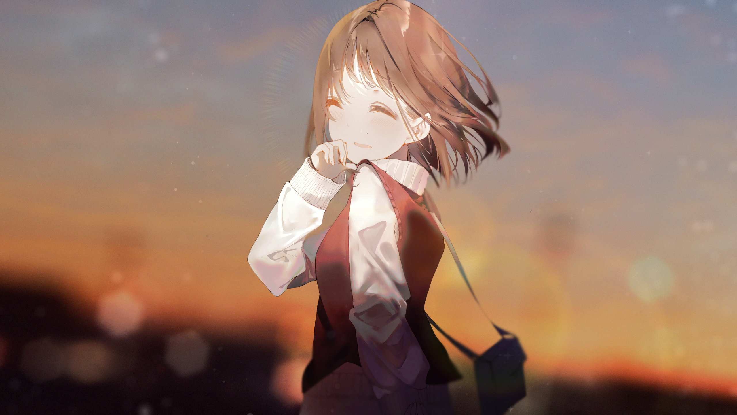 Girl with short brown hair smiling at sunset HD Wallpaper