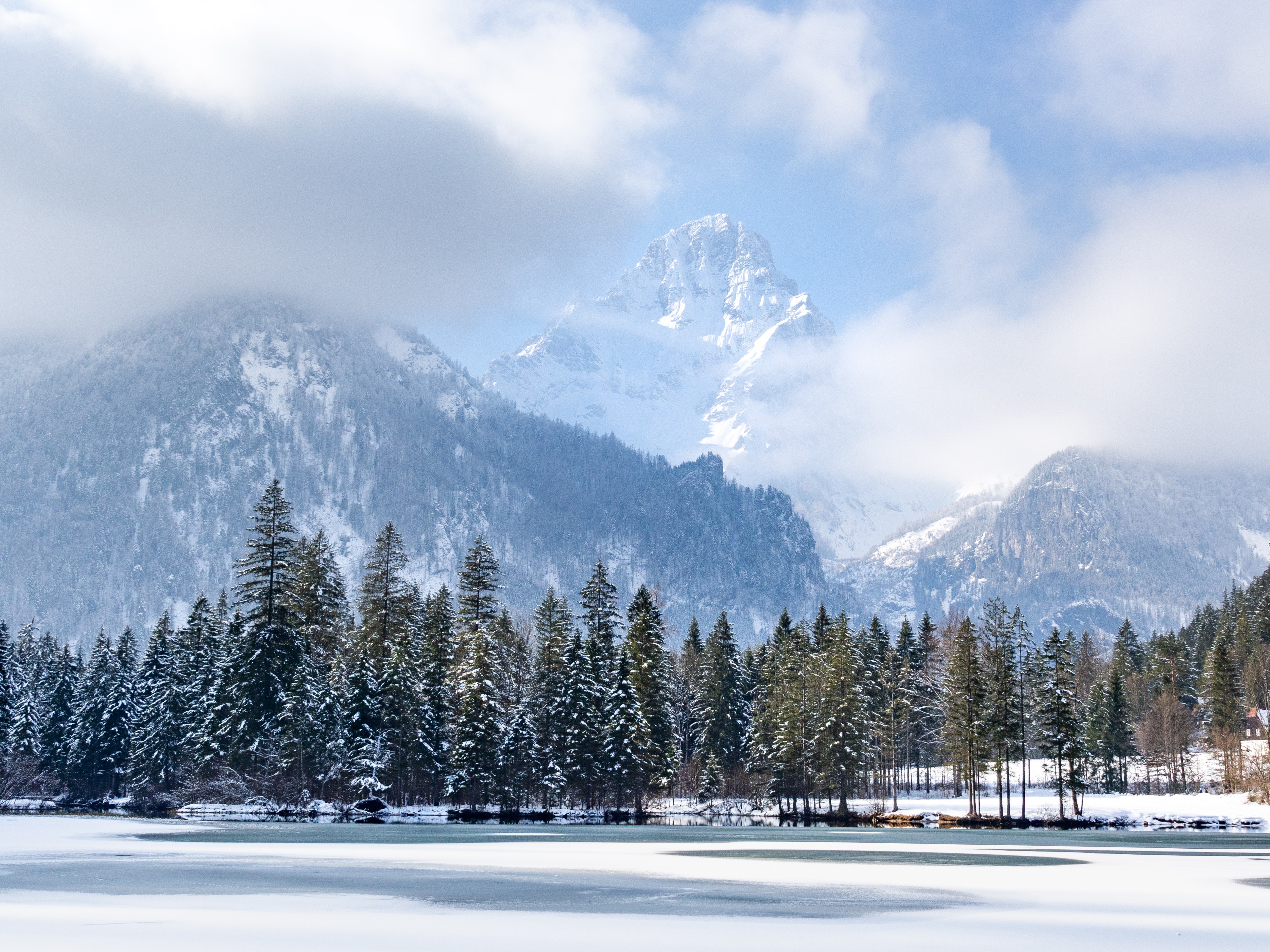 Winter Mountain Landscape with Snow-Covered Forest and Frozen Lake HD Wallpaper