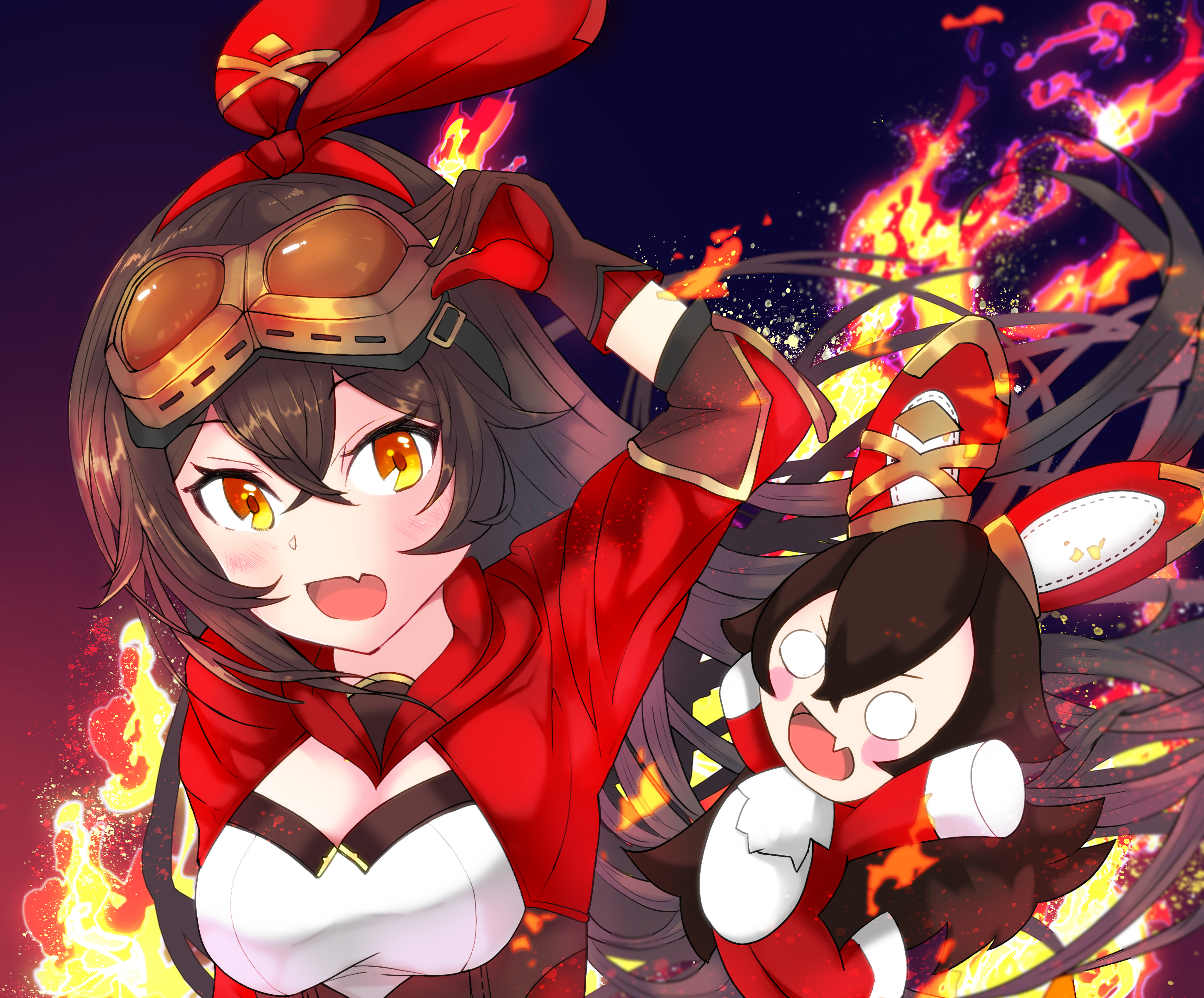 Amber and Baron Bunny from Genshin Impact with fire HD Wallpaper