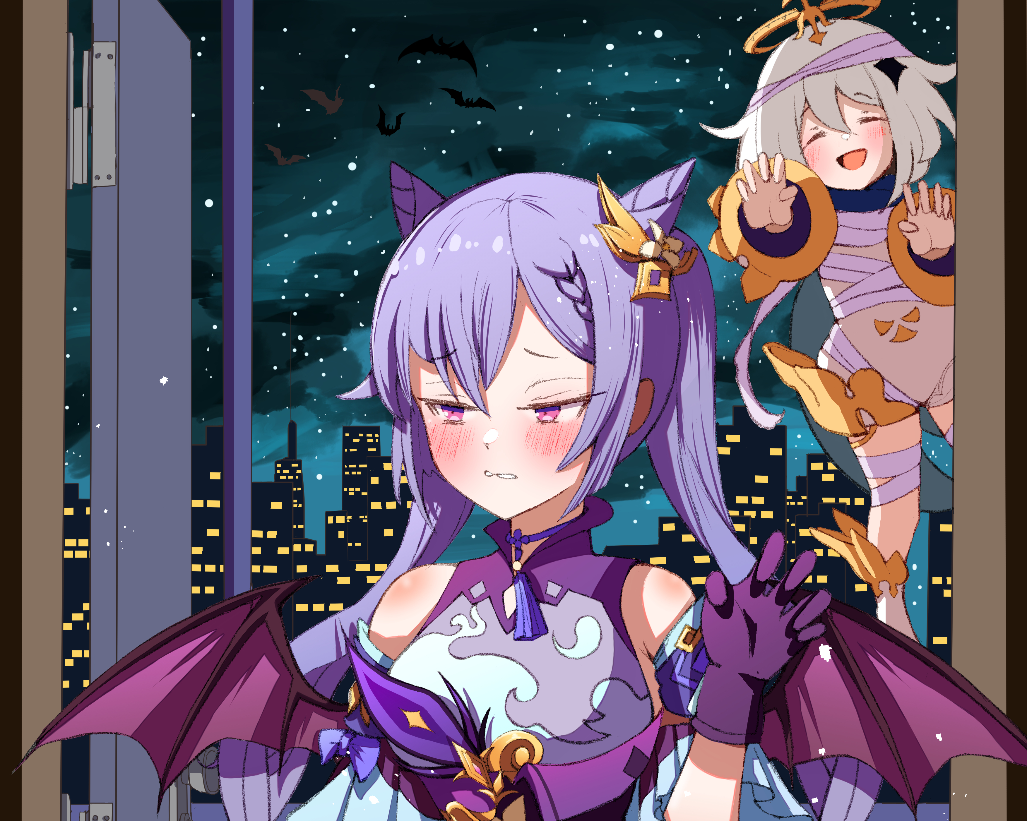 Keqing and Paimon from Genshin Impact Halloween HD Wallpaper