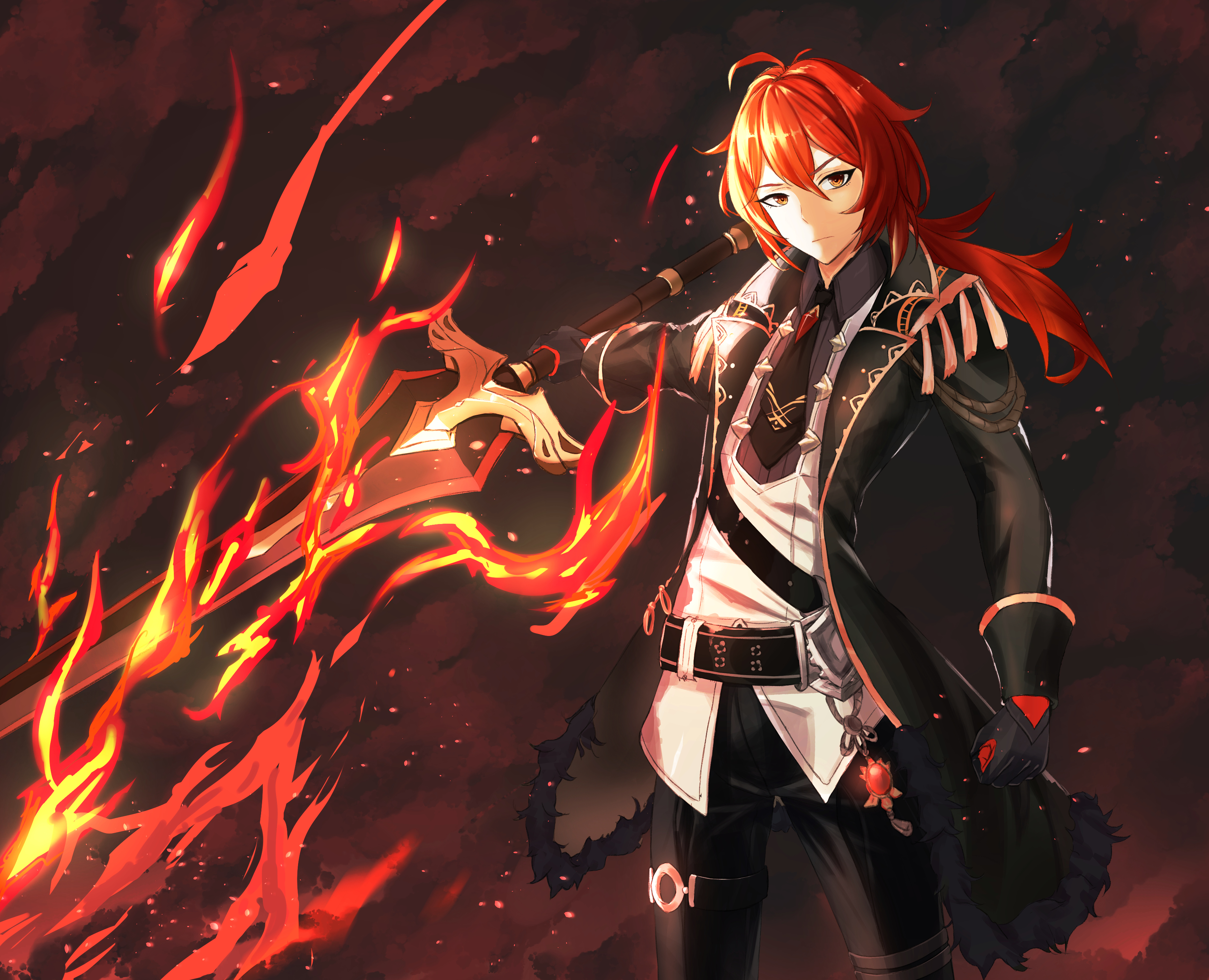 Diluc from Genshin Impact with flaming sword HD Wallpaper