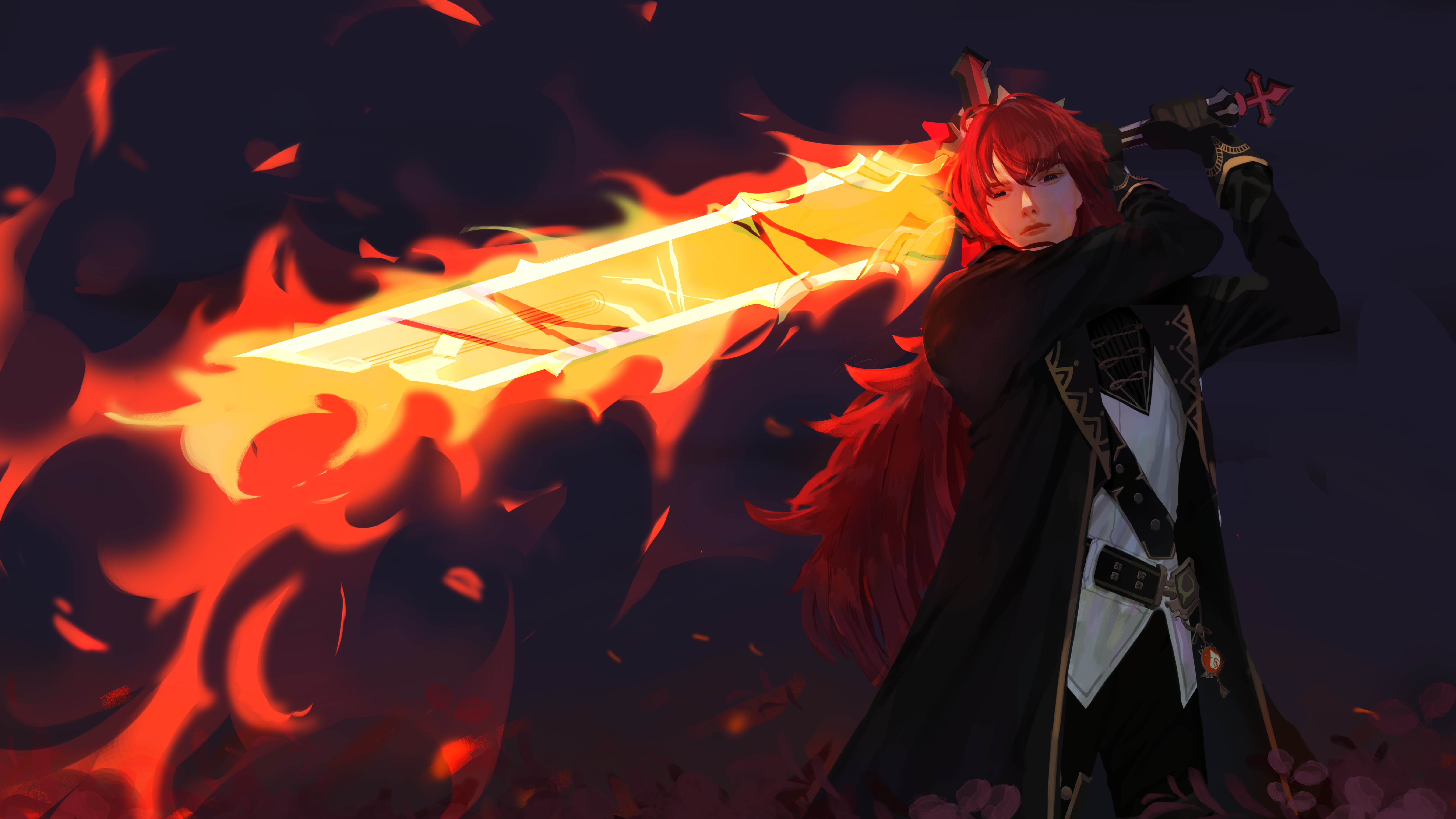 Diluc from Genshin Impact with a flaming sword HD Wallpaper